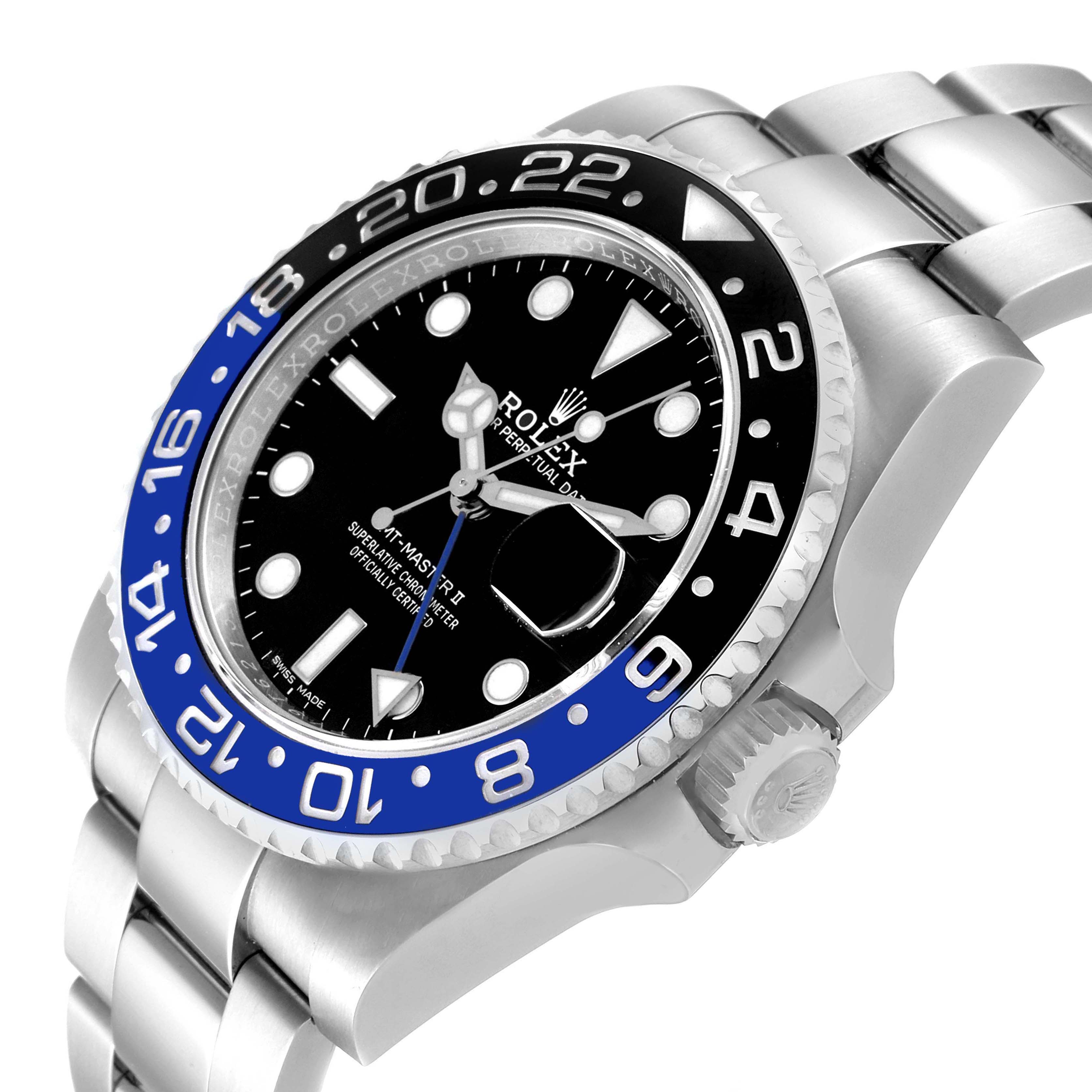 The image shows a side angled view of a Rolex GMT-Master 116710 Men
s Stainless Steel Black Dial 116710 Men
s Stainless Steel Black Dial watch, highlighting the bezel, dial, and bracelet bands.