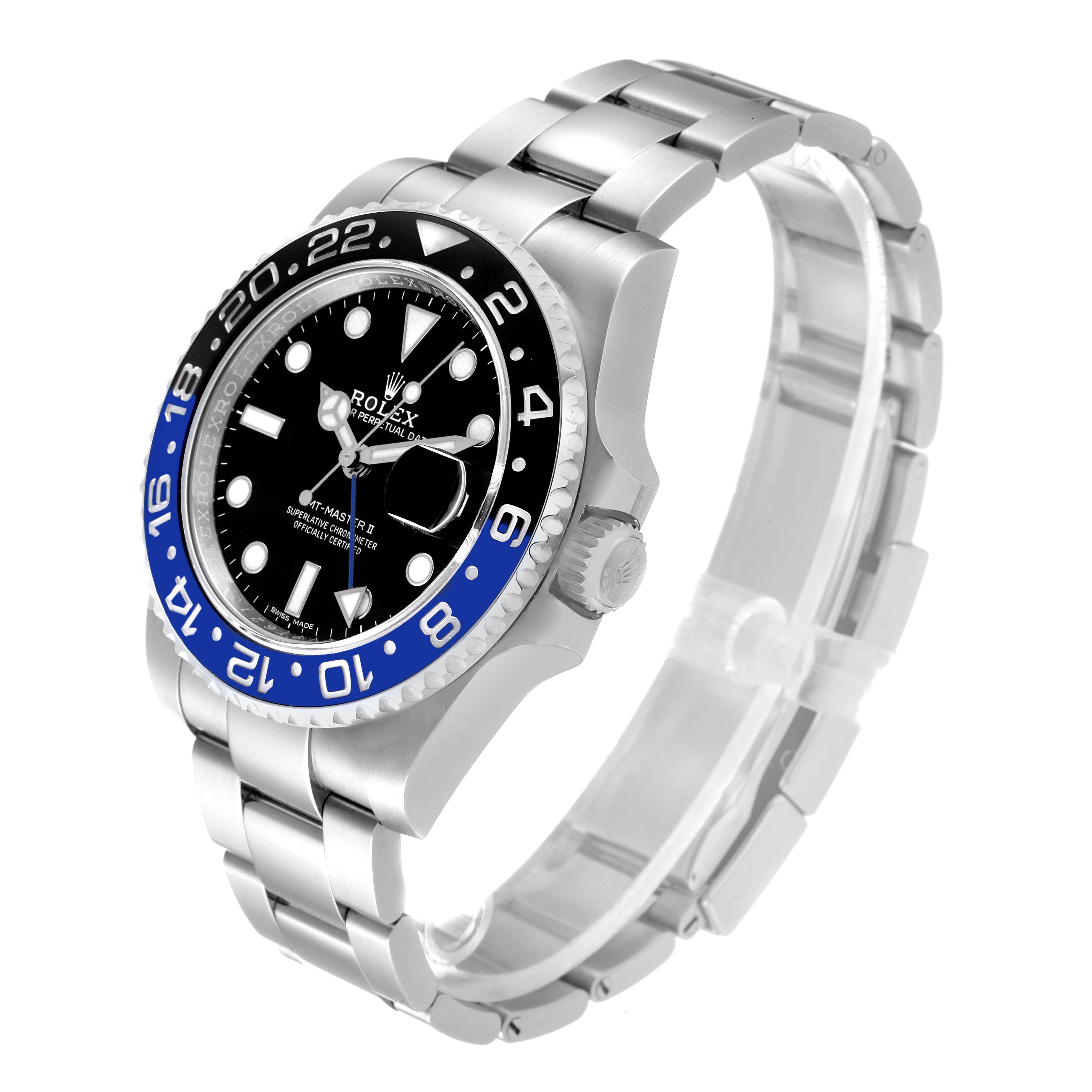 This image shows a Rolex GMT-Master 116710 Men
s Stainless Steel Black Dial 116710 Men
s Stainless Steel Black Dial watch at an angled side view, highlighting the bracelet, bezel, and dial.