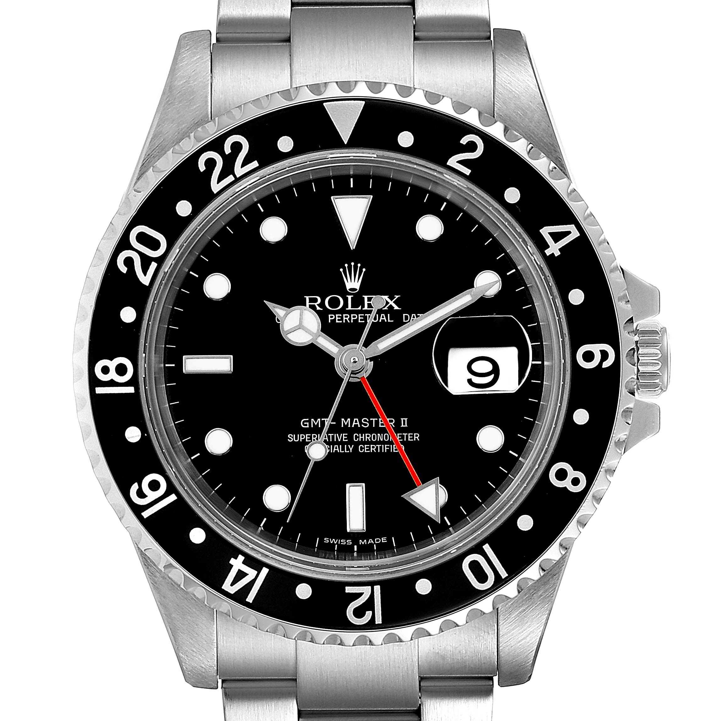 The image shows a front view of the Rolex GMT-Master 16710 Men's Stainless Steel Black Dial 16710 Men's Stainless Steel Black Dial II watch, highlighting its dial, bezel, and bracelet.
