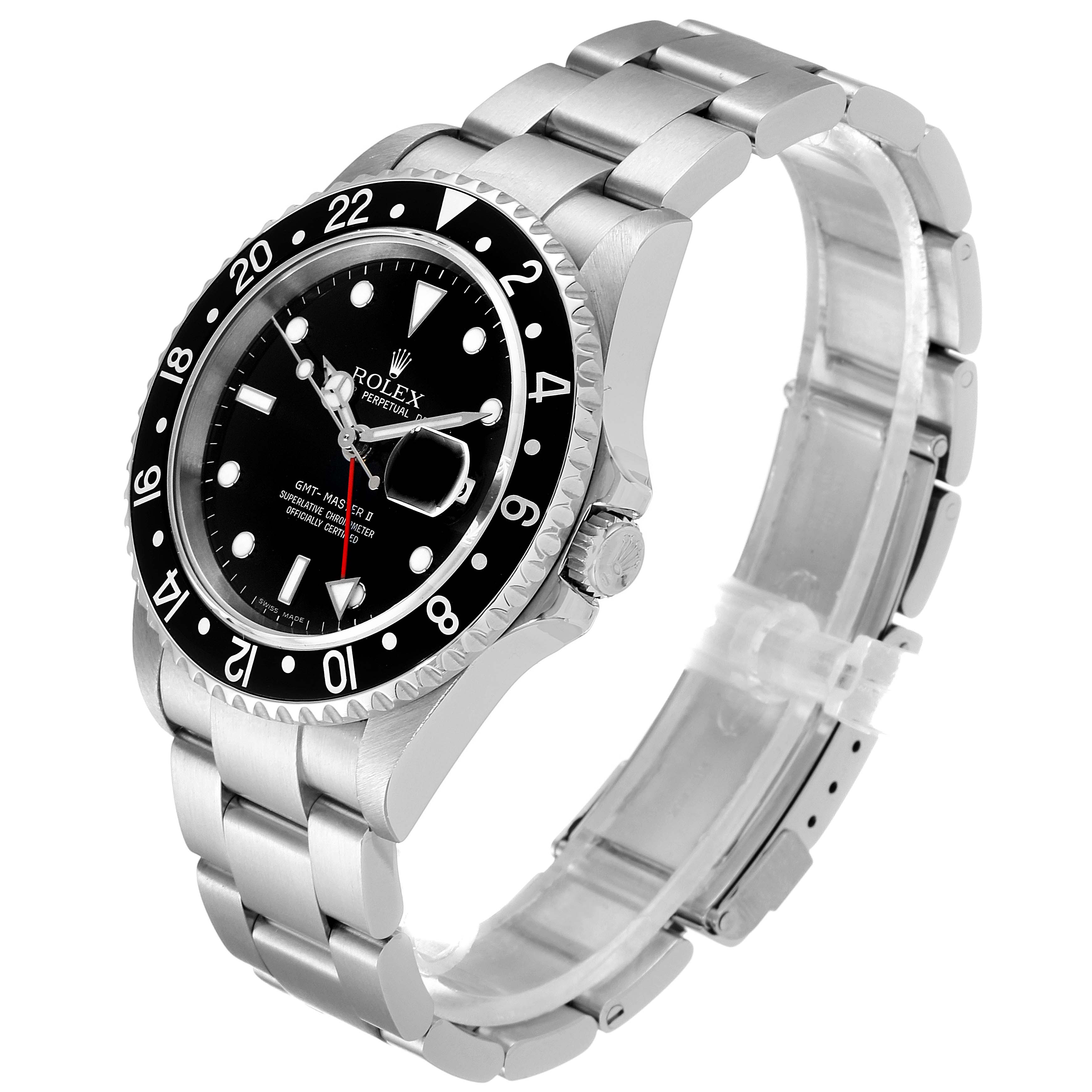 This image shows the Rolex GMT-Master 16710 Men's Stainless Steel Black Dial 16710 Men's Stainless Steel Black Dial watch at a slight angle, highlighting the face, bezel, crown, and bracelet.