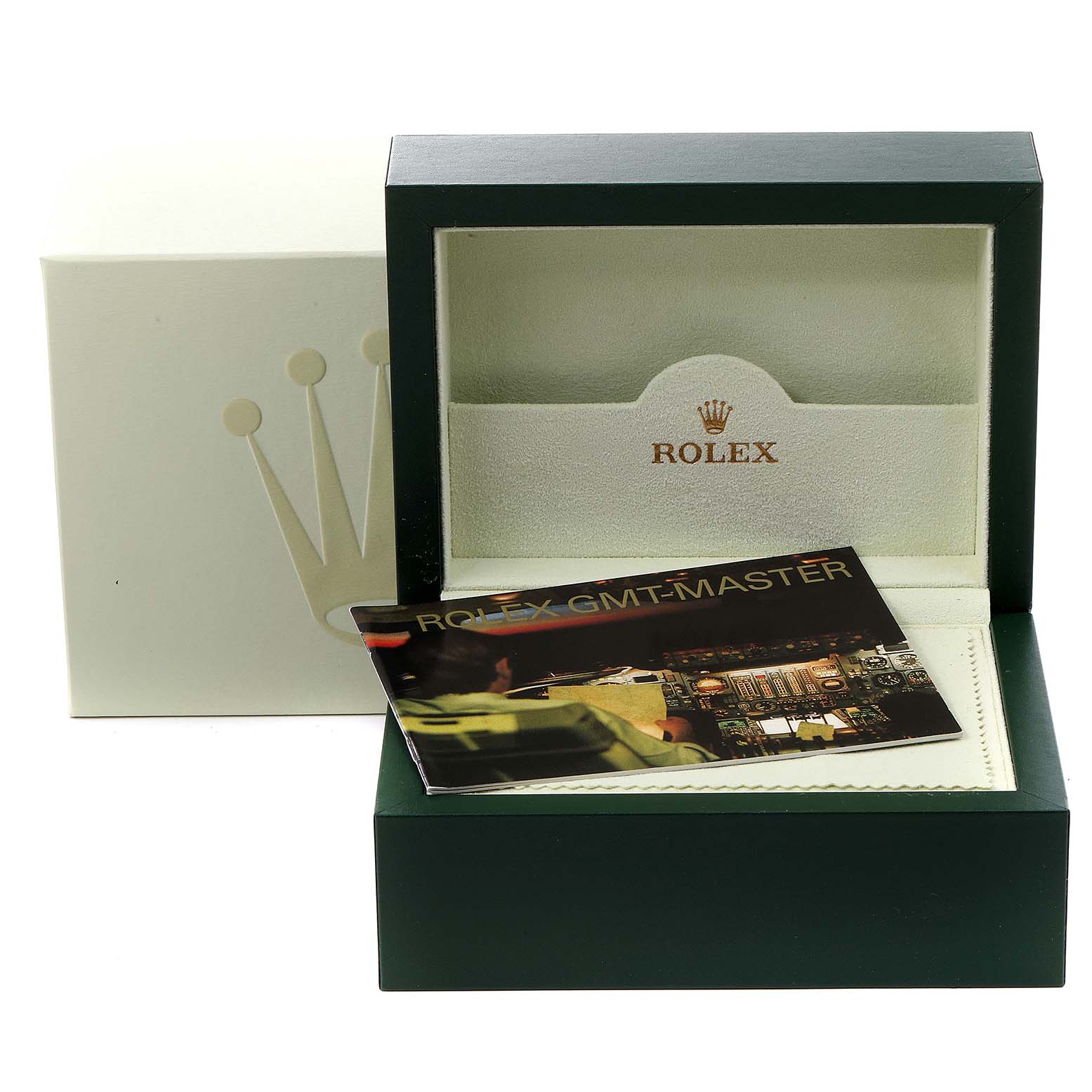 The image shows the box, manual, and accessories for a Rolex GMT-Master 16710 Men's Stainless Steel Black Dial 16710 Men's Stainless Steel Black Dial watch.