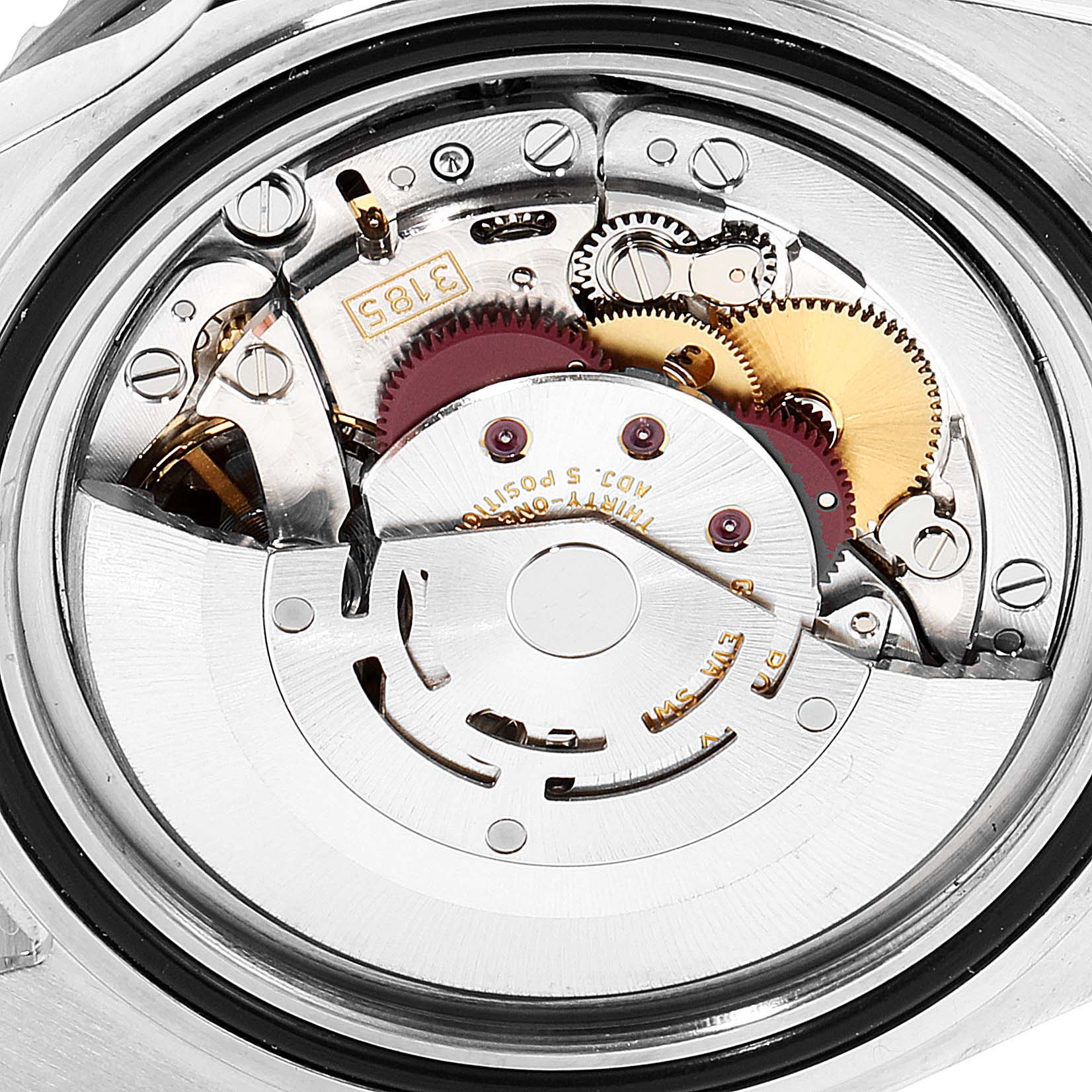 This image shows the internal mechanical movement of the Rolex GMT-Master 16710 Men's Stainless Steel Black Dial 16710 Men's Stainless Steel Black Dial watch viewed from the back.