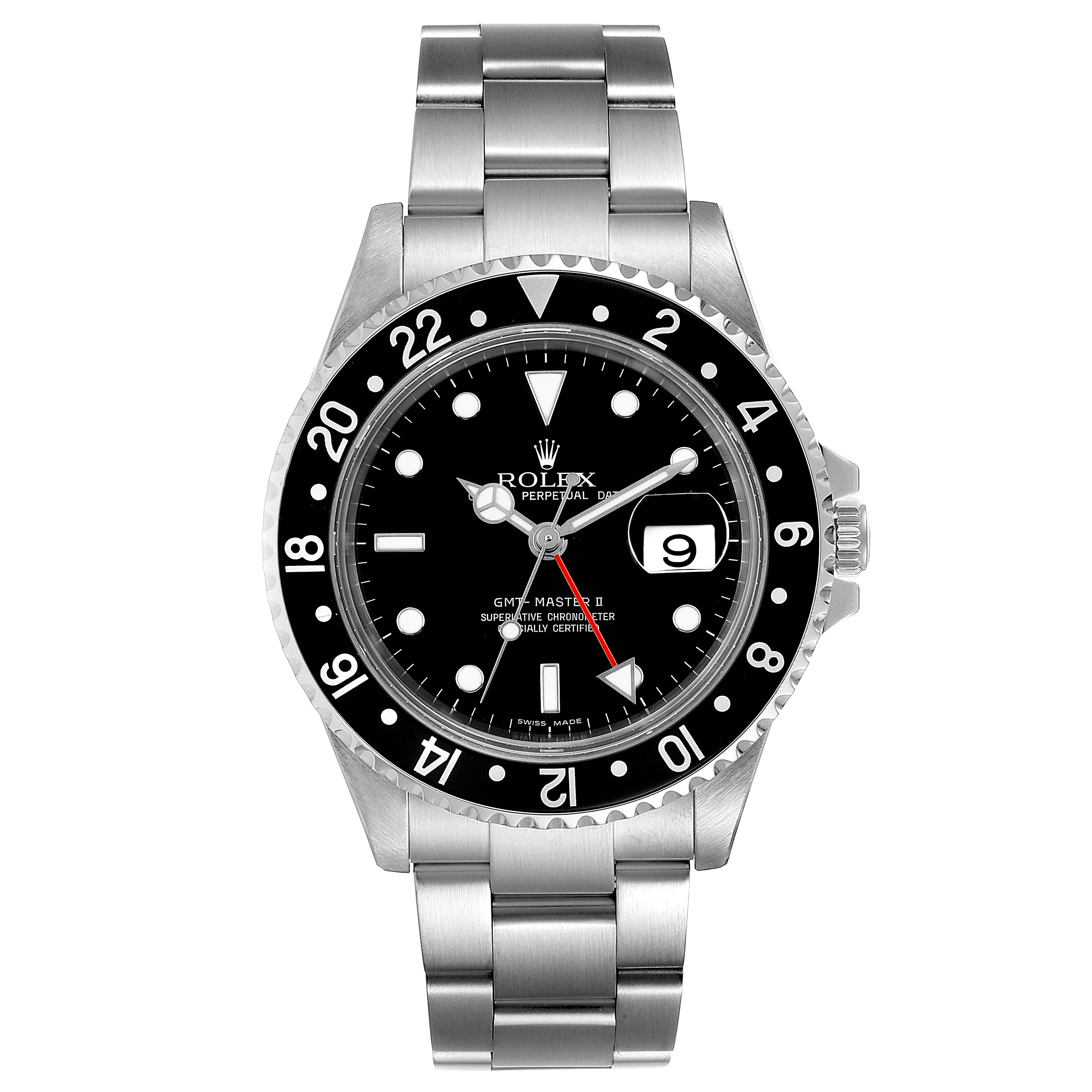 This image shows a frontal view of the Rolex GMT-Master 16710 Men's Stainless Steel Black Dial 16710 Men's Stainless Steel Black Dial II watch, displaying the face, bezel, and bracelet.