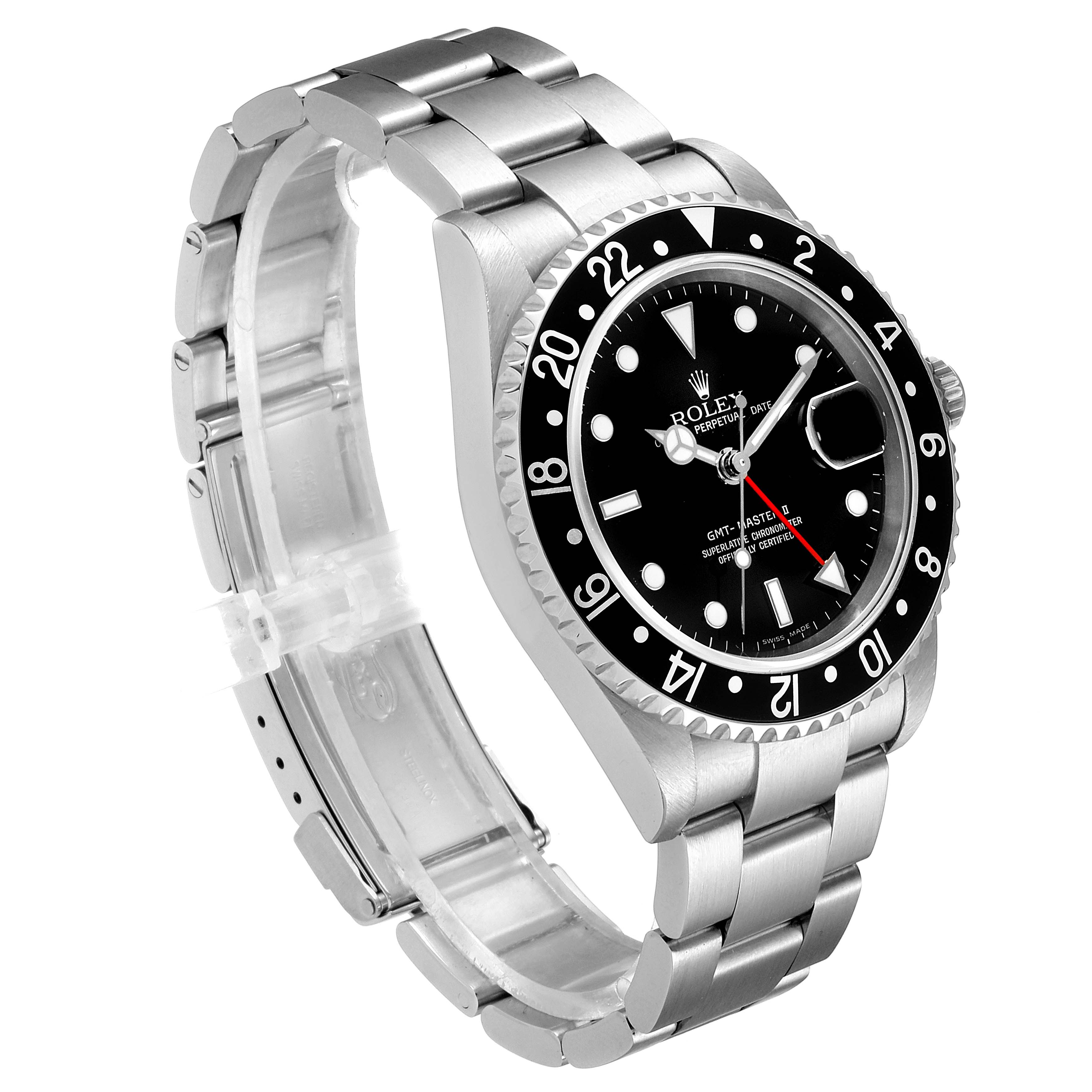 The image shows a side angle of a Rolex GMT-Master 16710 Men's Stainless Steel Black Dial 16710 Men's Stainless Steel Black Dial watch, highlighting the bezel, dial, and bracelet.