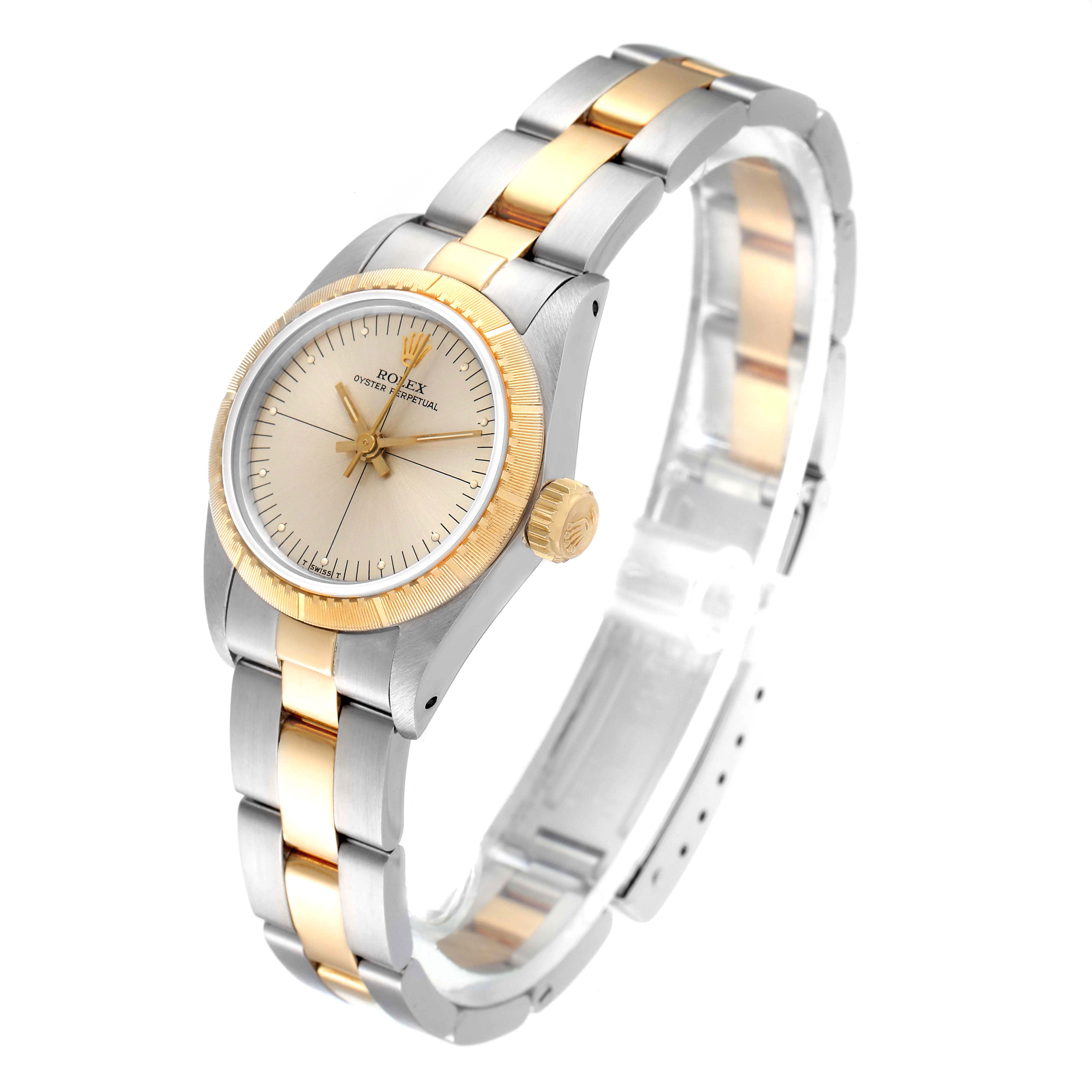 The image shows a Rolex Oyster Perpetual 67243 Women's Steel and Gold (two tone) Silver Dial 67243 Women's Steel and Gold (two tone) Silver Dial watch at a slight angle, highlighting its two-tone bracelet, bezel, dial, and crown.