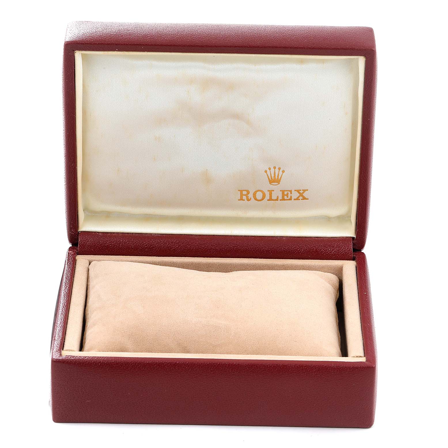 The image shows an open Rolex watch box for the Oyster Perpetual model, with the cushion inside but no watch.