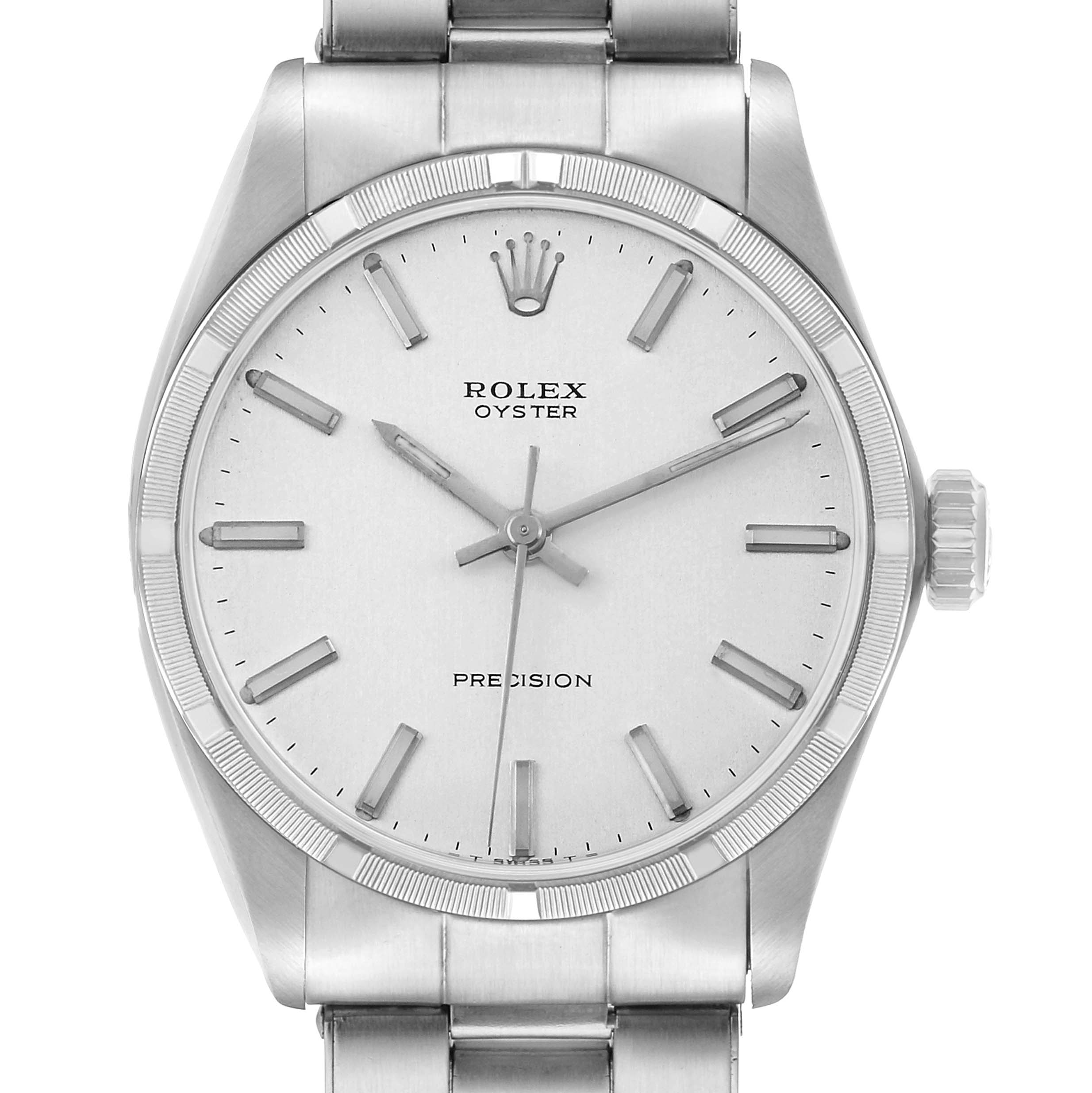 The Rolex Vintage Collection 6427 Men's Stainless Steel Silver Dial watch is shown from the front, highlighting the dial, bezel, crown, and bracelet.