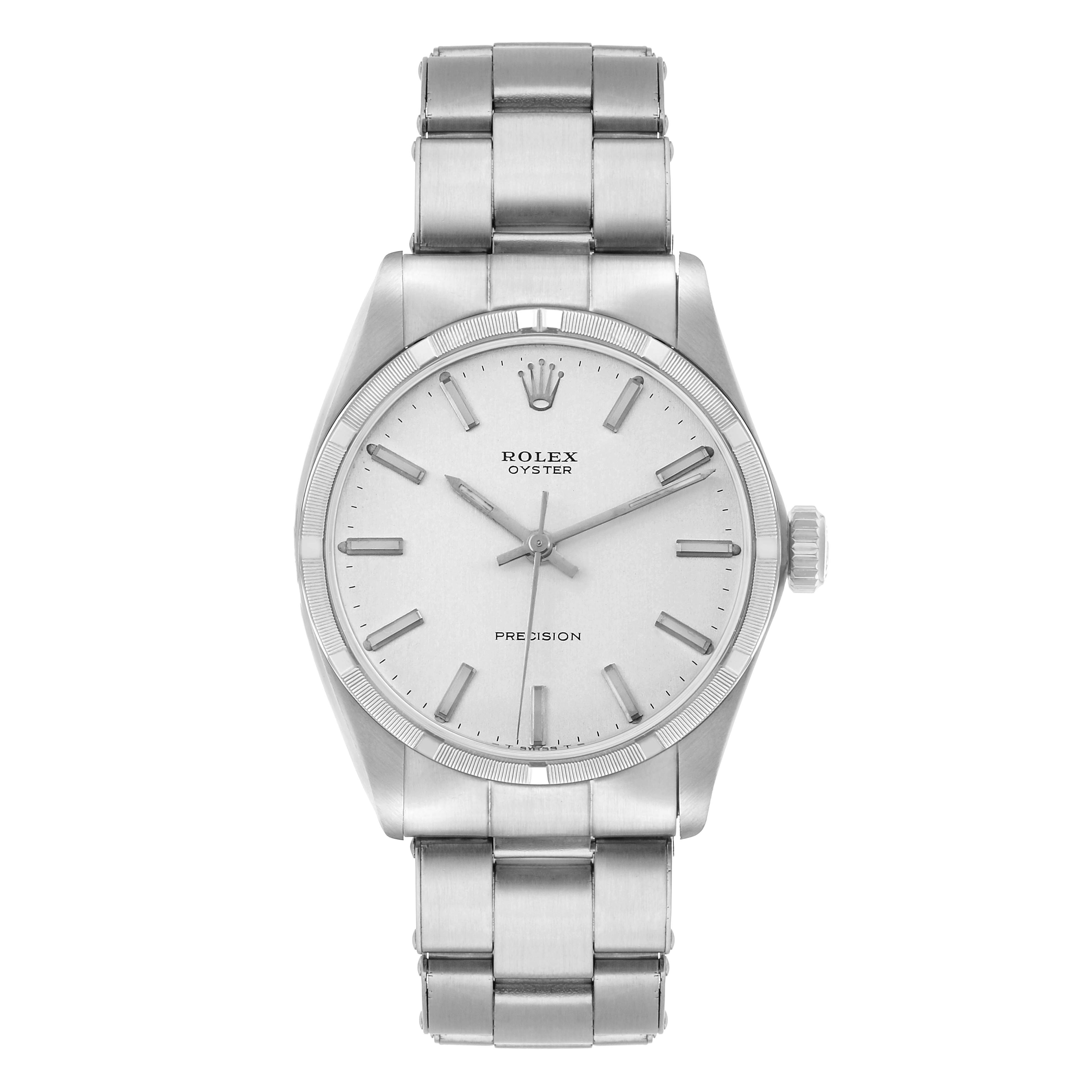 The Rolex Vintage Collection 6427 Men's Stainless Steel Silver Dial watch is shown from a front angle, displaying the dial, case, crown, and bracelet.