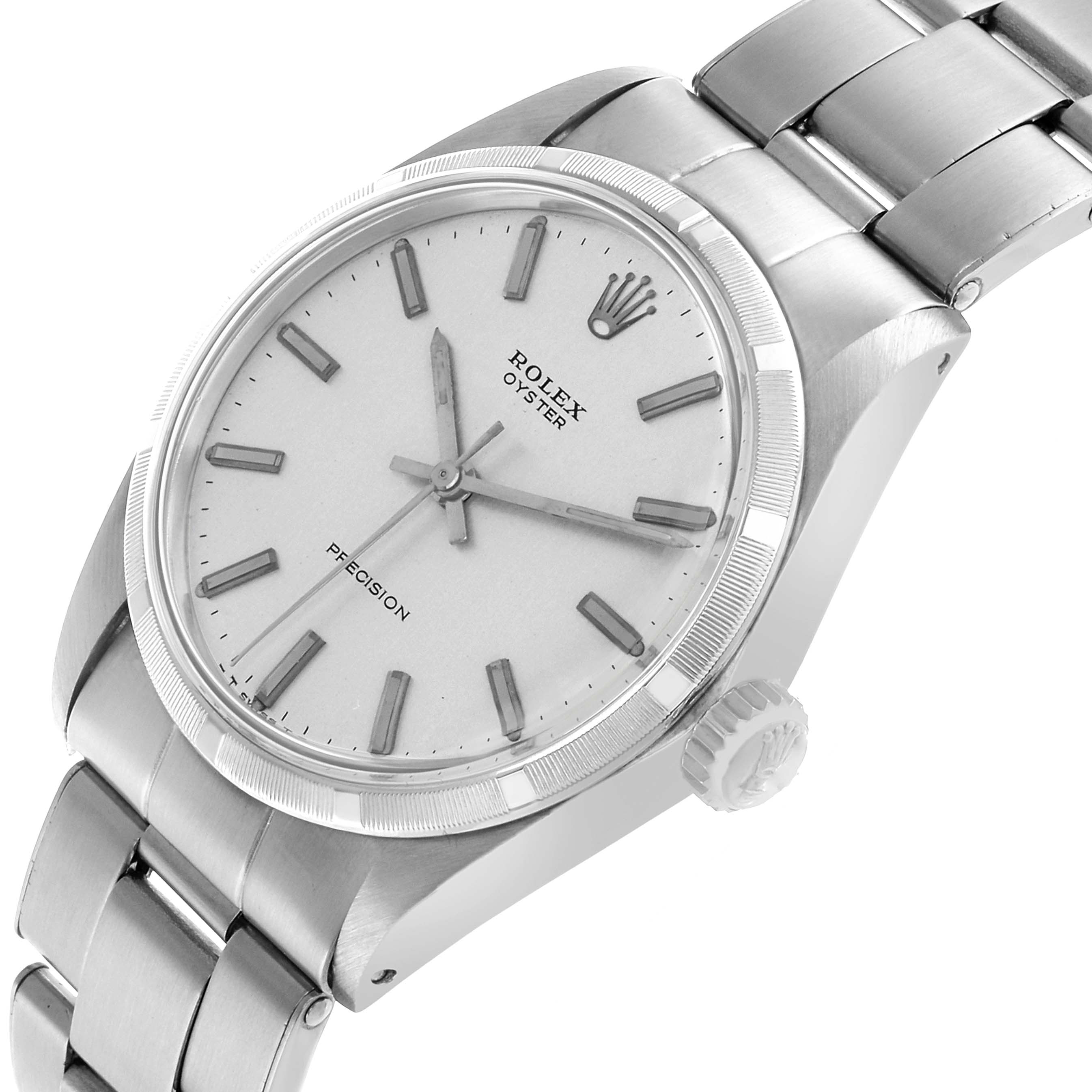 The Rolex Vintage Collection 6427 Men's Stainless Steel Silver Dial watch is shown from a raised angle, highlighting the dial, bezel, crown, and part of the bracelet.
