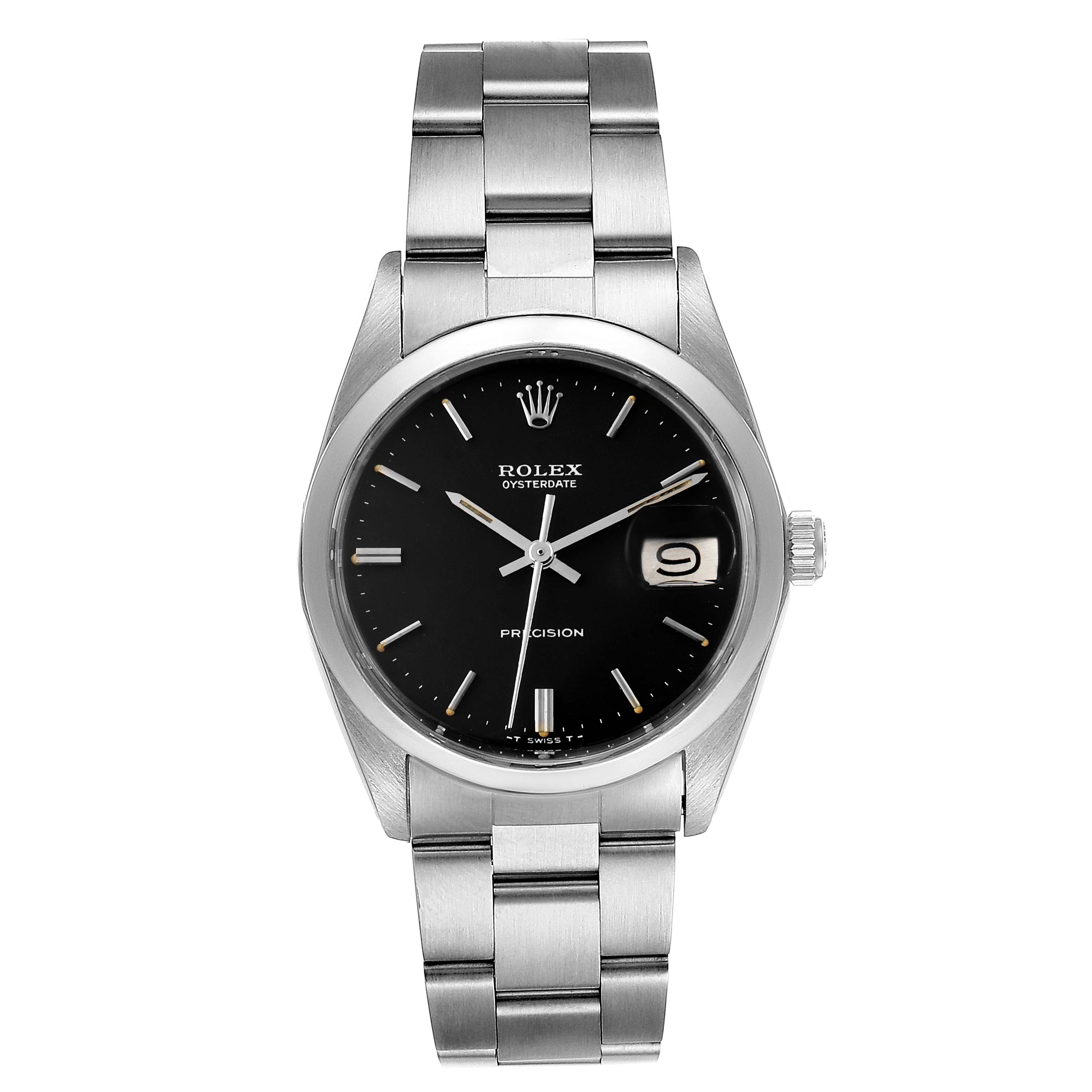 The image shows a front view of the Rolex Vintage Collection 6694 Men
s Stainless Steel Black Dial 6694 Men
s Stainless Steel Black Dial watch, featuring its dial, bezel, and bracelet.