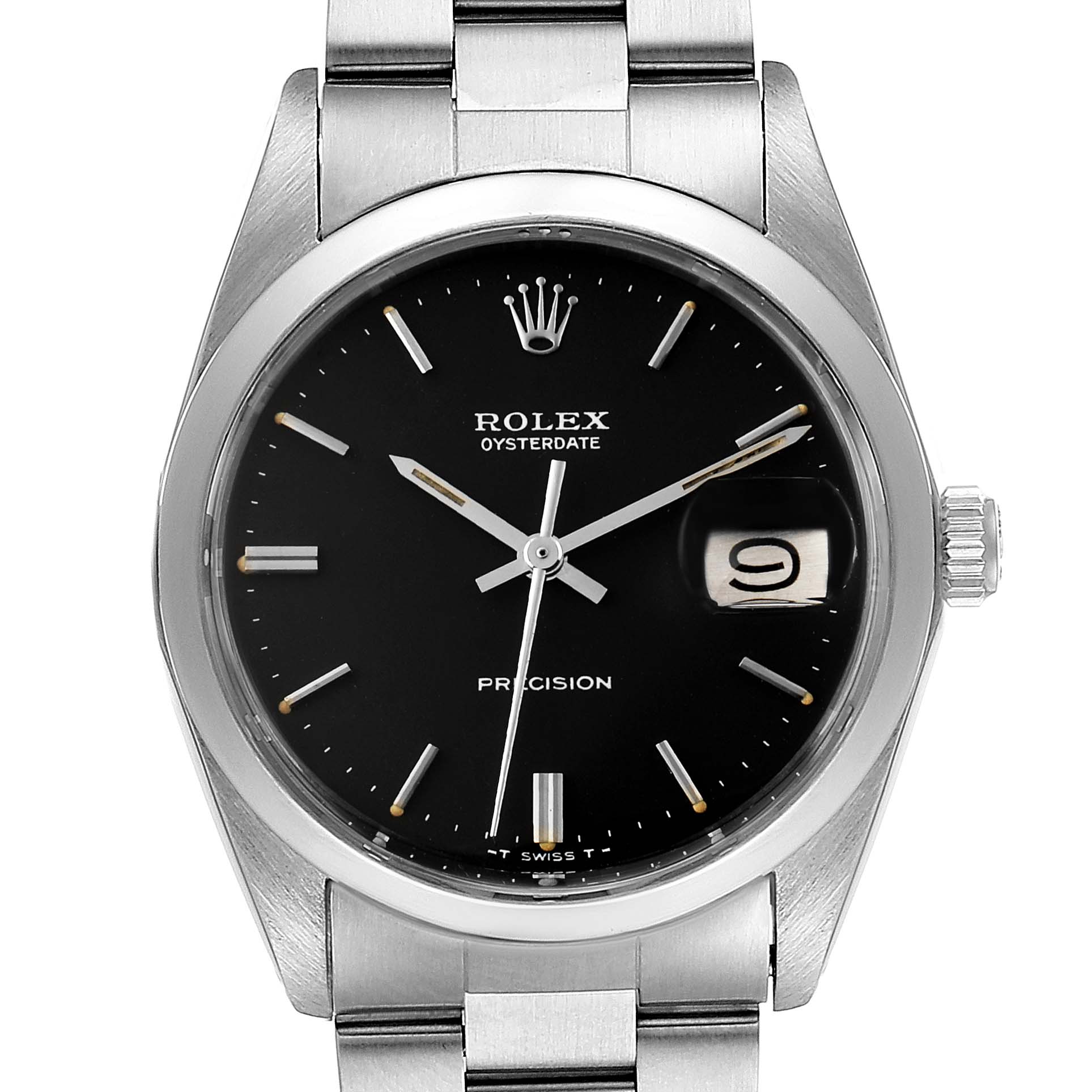 This image shows a frontal view of a Vintage Collection Rolex Oysterdate watch featuring a black dial, date window, and stainless steel bracelet.