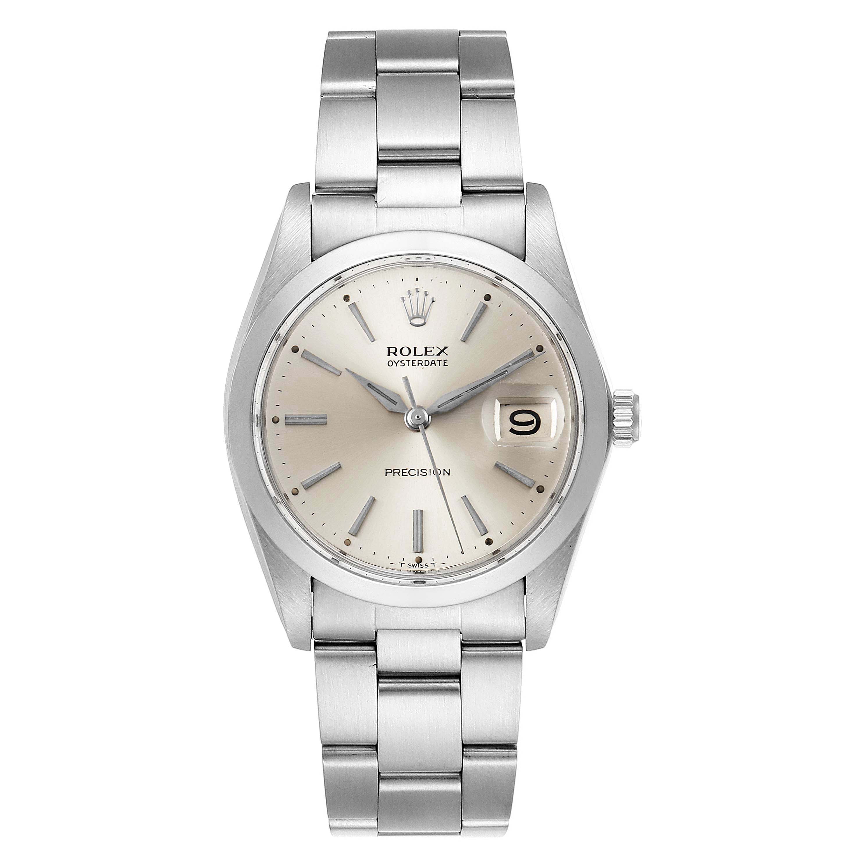 This image shows a front view of a Rolex Vintage Collection 6694 Men
s Stainless Steel Silver Dial 6694 Men
s Stainless Steel Silver Dial model watch, displaying the face, dial, hands, and bracelet.