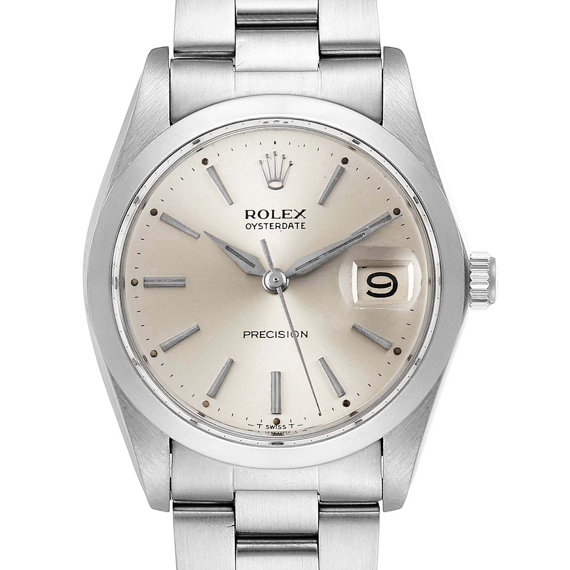 The image shows a front view of a Rolex Vintage Collection 6694 Men
s Stainless Steel Silver Dial 6694 Men
s Stainless Steel Silver Dial Oysterdate watch, displaying the dial, crown, and bracelet.