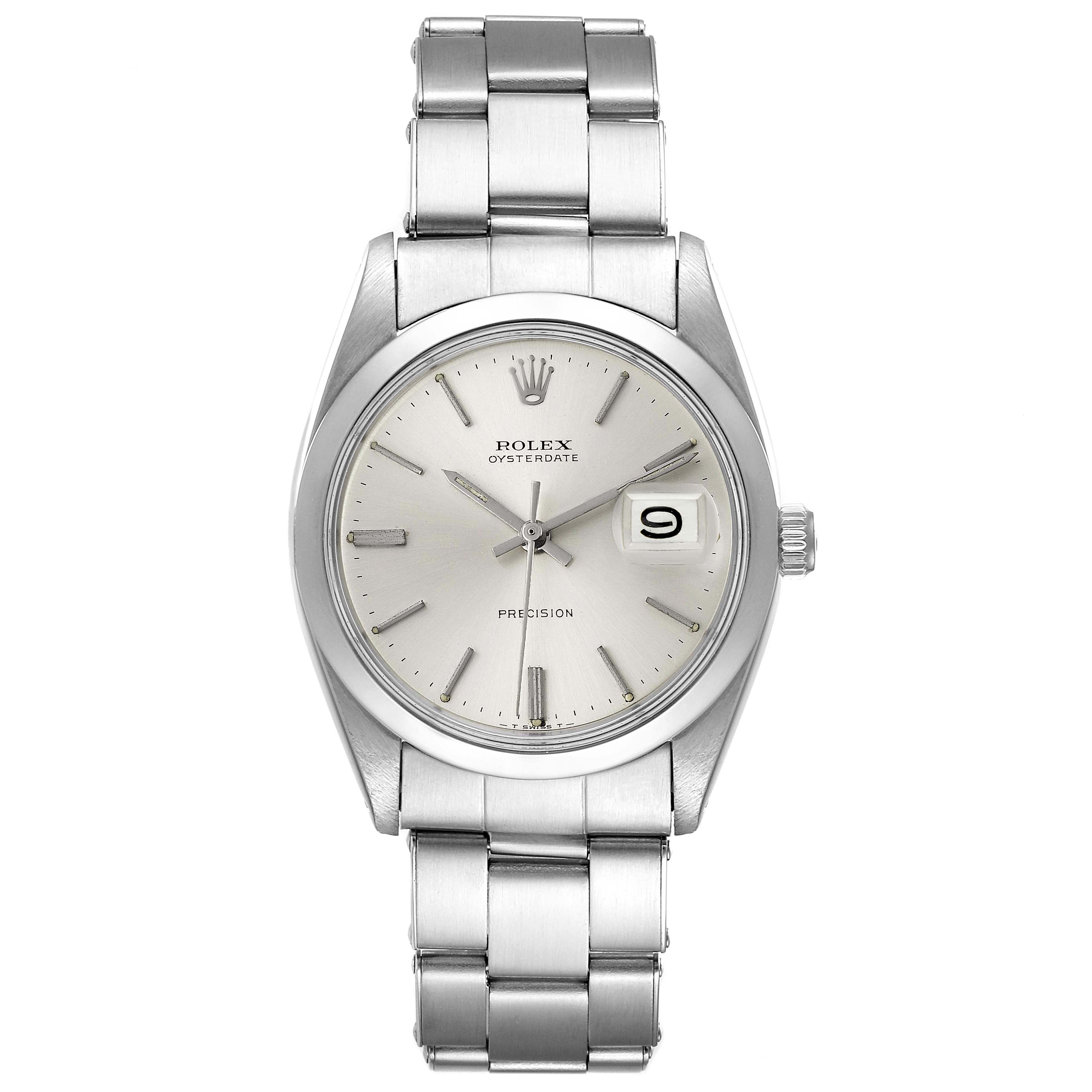 The Rolex Vintage Collection 6694 Men's Stainless Steel Silver Dial watch is shown from a front angle, displaying the dial, hands, date window, and stainless steel bracelet.