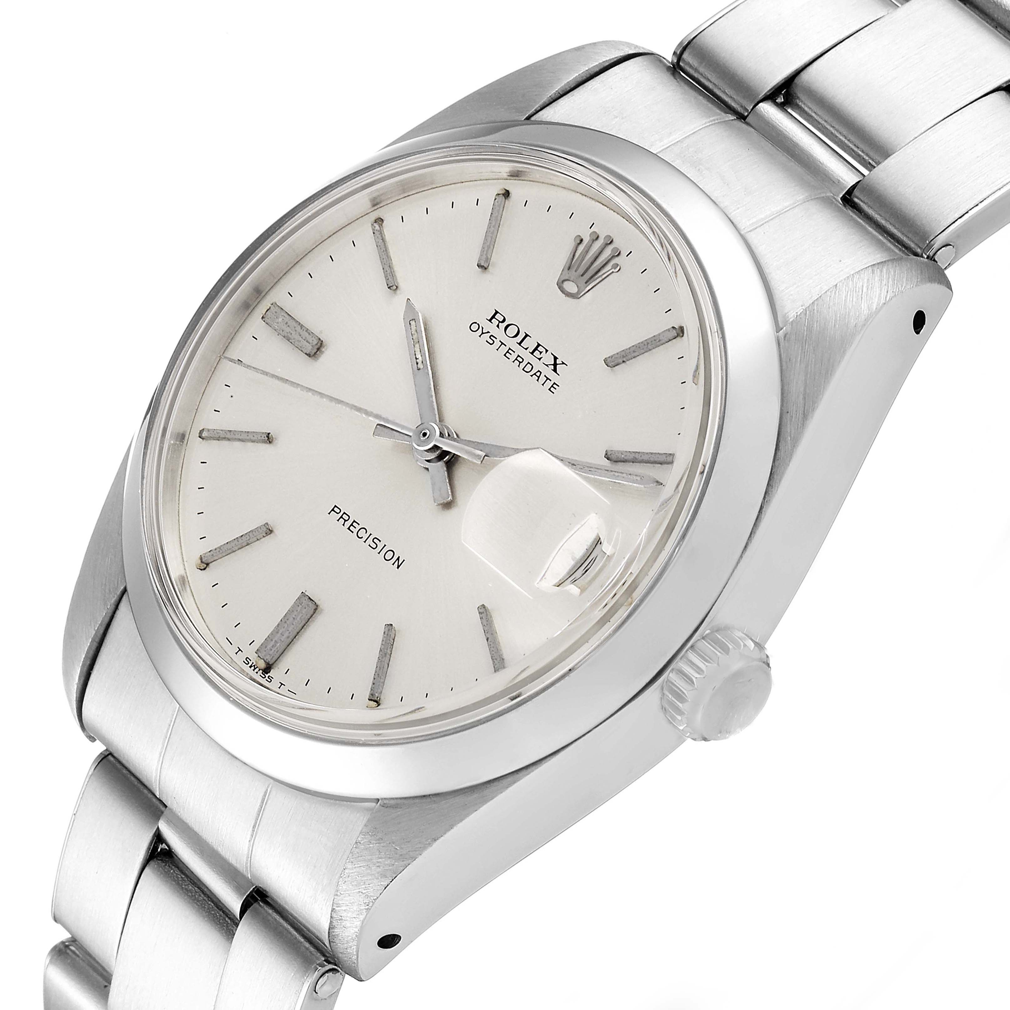The Rolex Vintage Collection 6694 Men's Stainless Steel Silver Dial watch is shown from a slightly tilted angle, highlighting the dial, crown, and part of the bracelet.