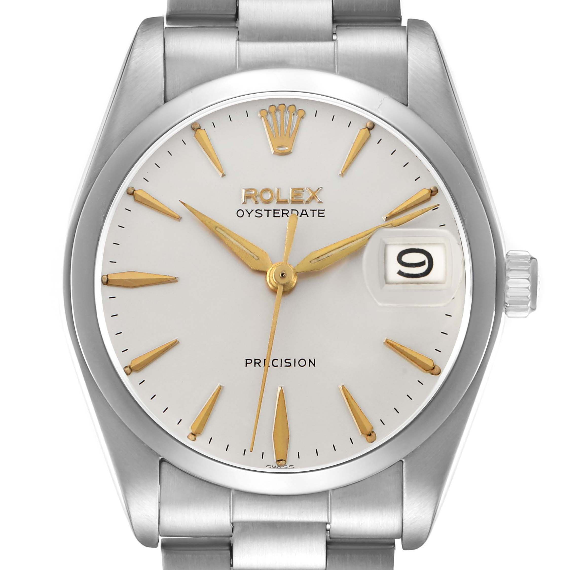 The Rolex Vintage Collection 6694 Men's Stainless Steel Silver Dial watch is shown from the front, highlighting the dial, hands, markers, and date window.