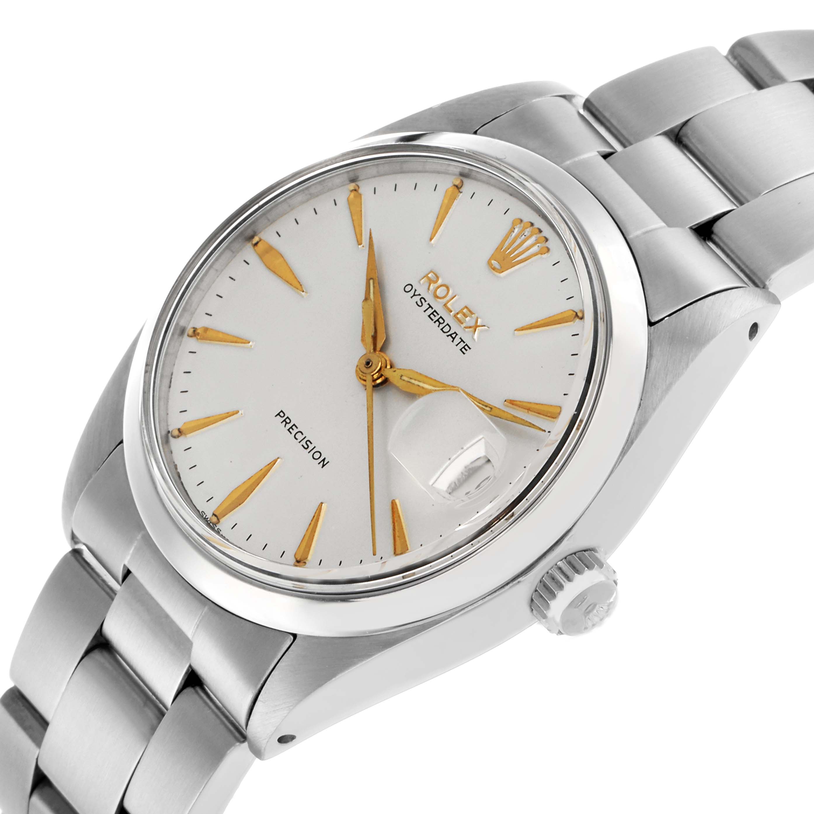 The Rolex Vintage Collection 6694 Men's Stainless Steel Silver Dial watch is shown at a slight angle, highlighting the face, crown, and metal bracelet.