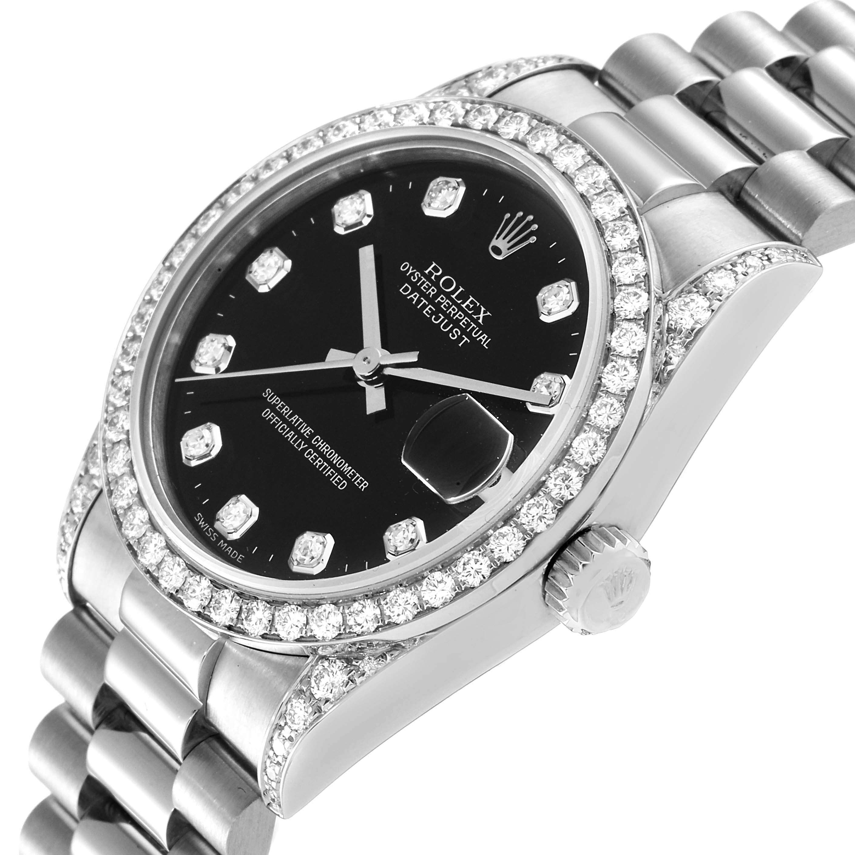 The Rolex President 68159 Women's White Gold Black Dial 68159 Women's White Gold Black Dial model watch is shown at an angle highlighting its diamond bezel, black dial, and part of its metal bracelet.