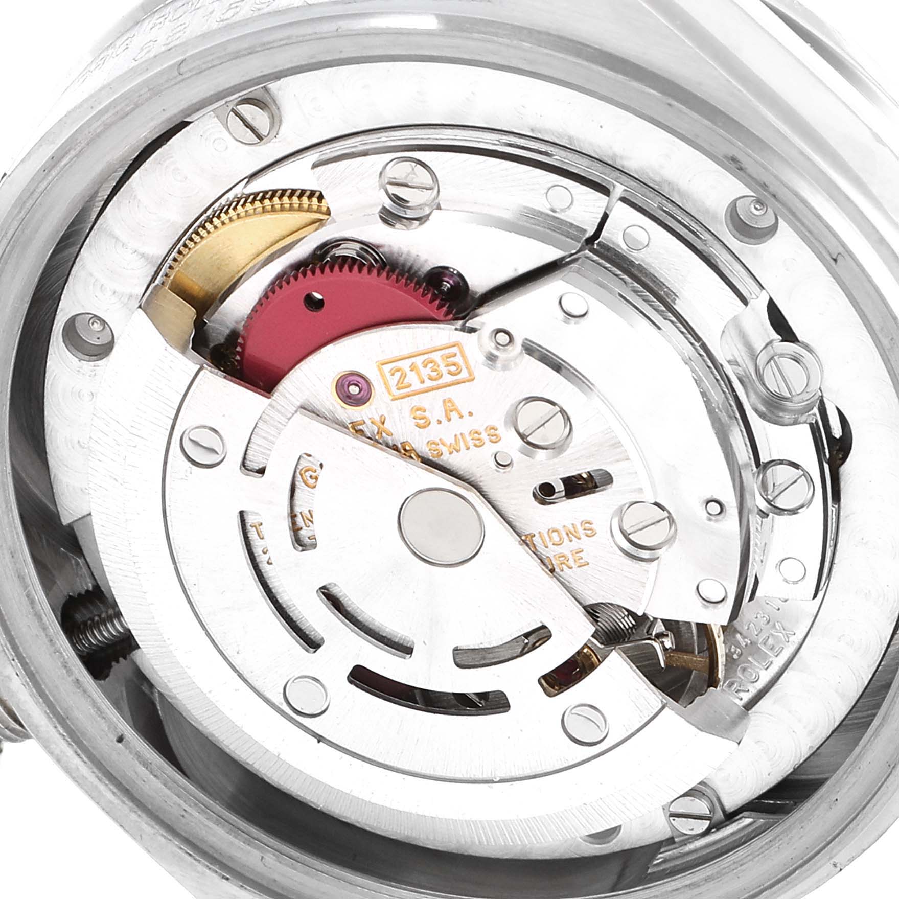 This image shows the inner mechanism and components of the Rolex President 68159 Women's White Gold Black Dial 68159 Women's White Gold Black Dial model watch from a close-up angle.