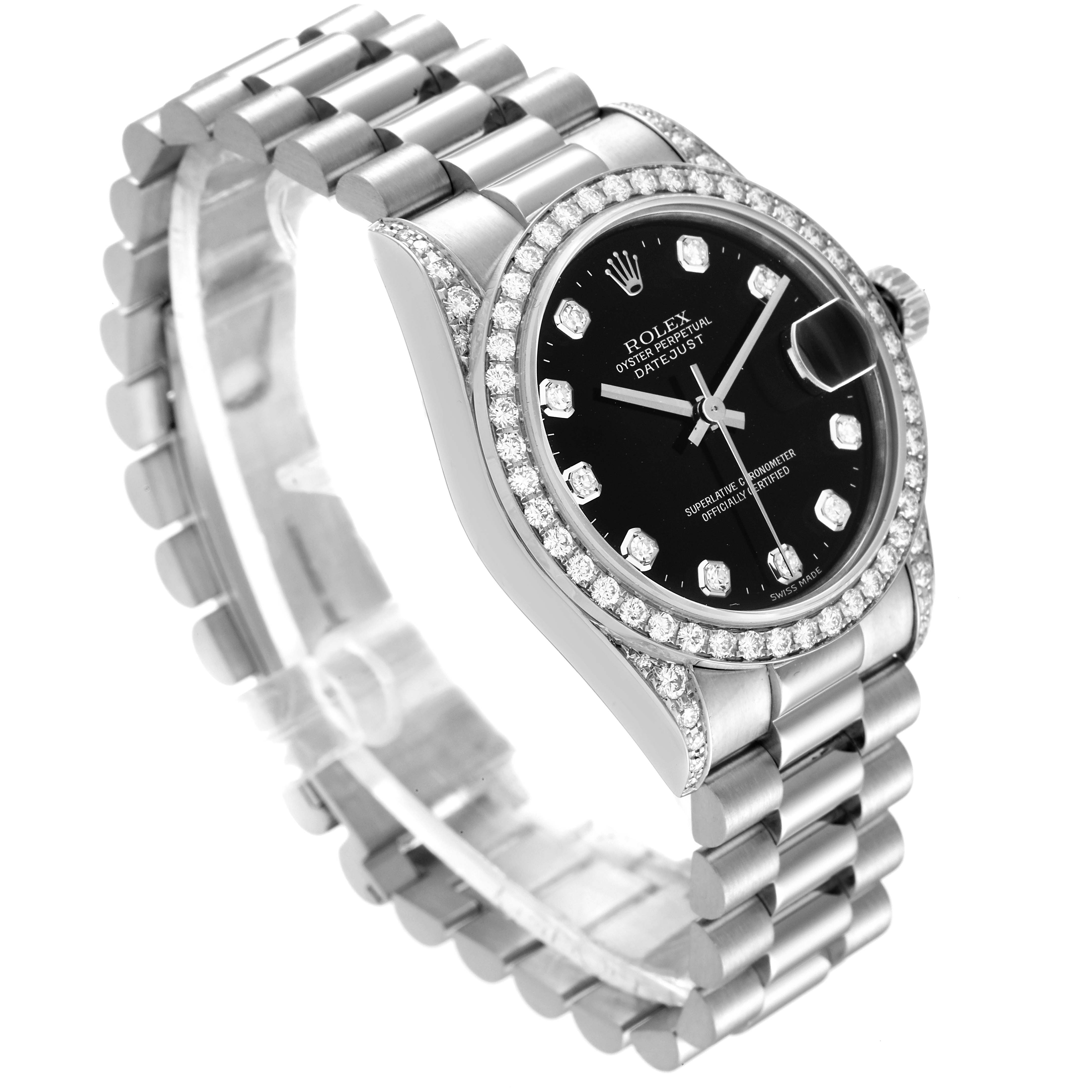 The image shows a Rolex President 68159 Women's White Gold Black Dial 68159 Women's White Gold Black Dial model watch at a 3/4 angle, displaying the bezel, dial, crown, and bracelet.