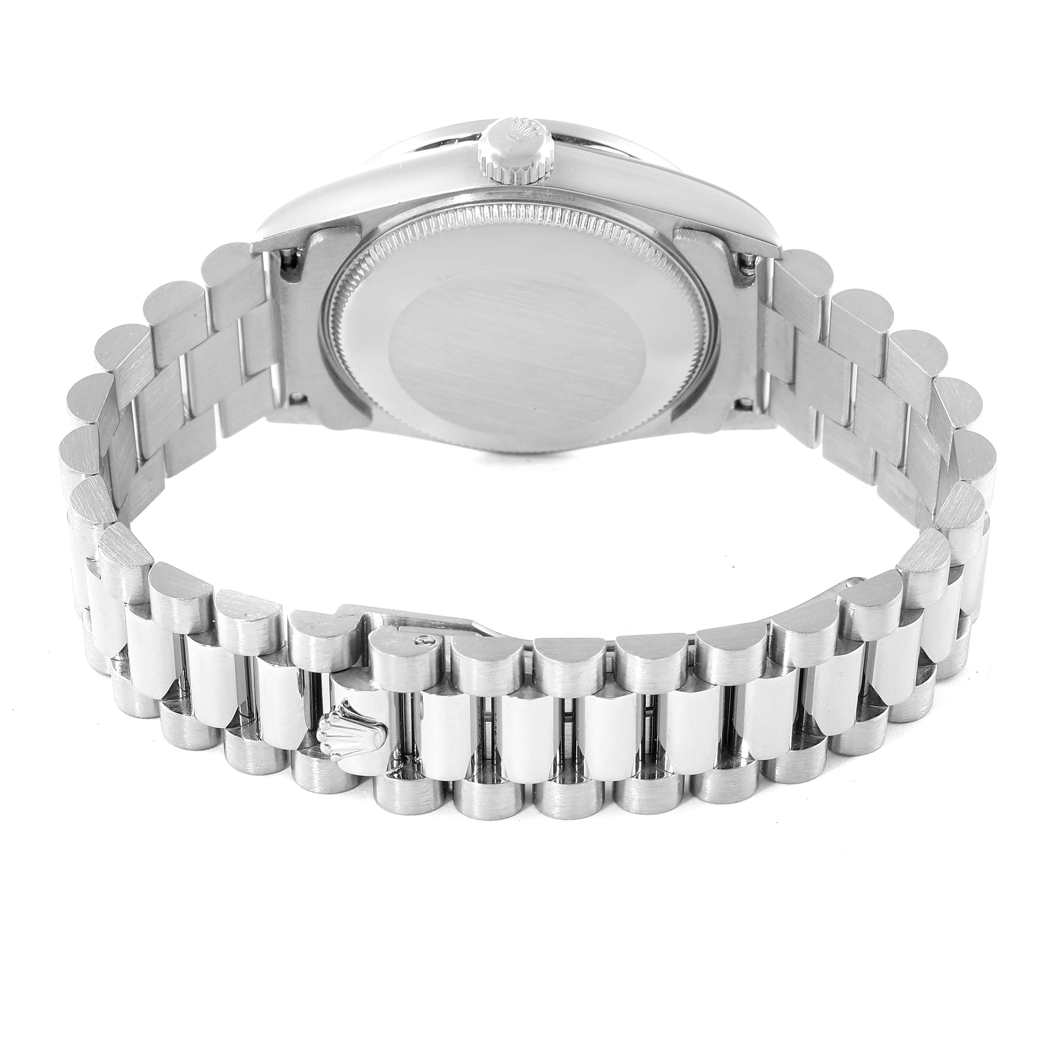 This image shows the back and bracelet of a Rolex President 68159 Women's White Gold Black Dial 68159 Women's White Gold Black Dial model watch from a rear angle.
