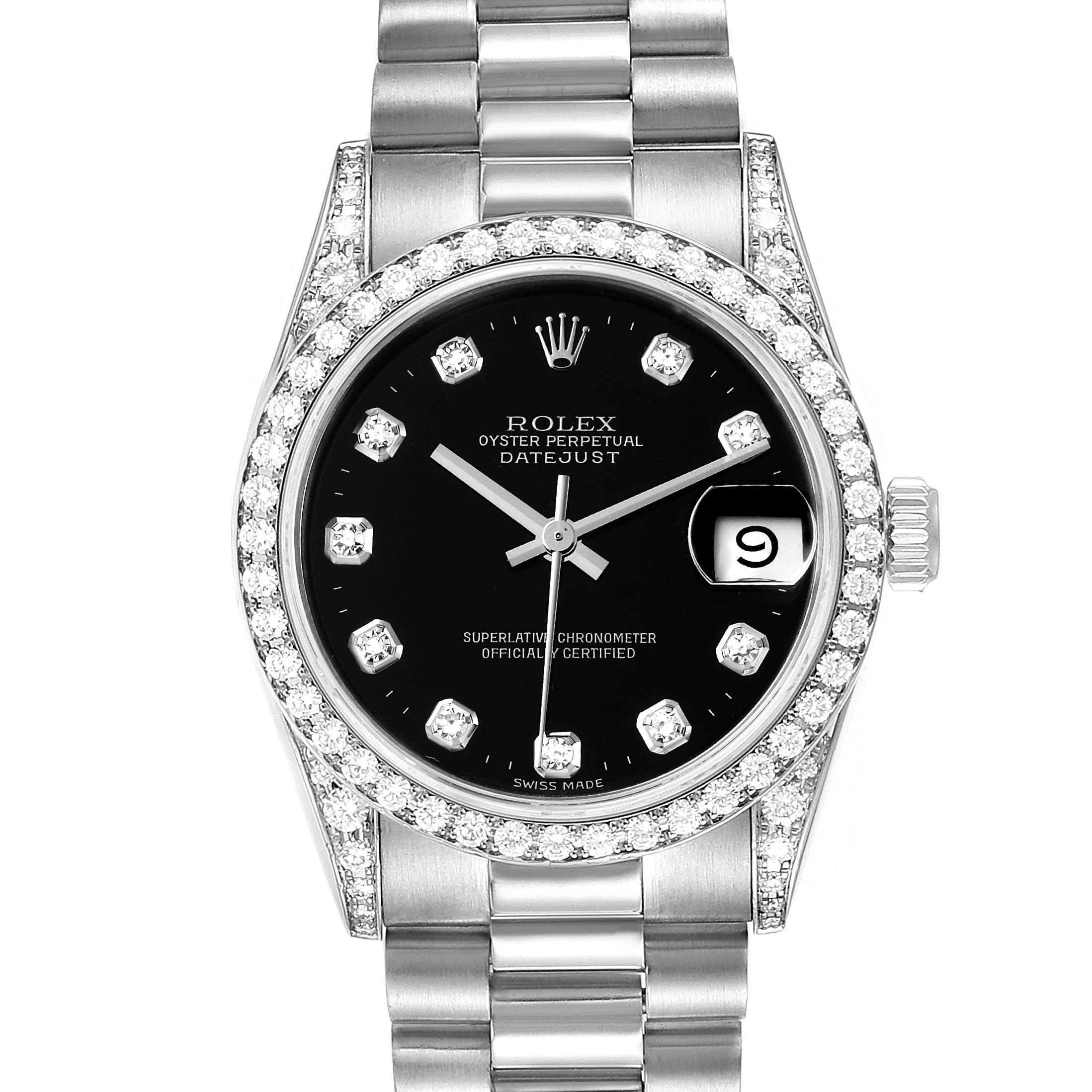 The image shows a Rolex President 68159 Women's White Gold Black Dial 68159 Women's White Gold Black Dial model watch, including the bezel, black dial, diamond markers, date window, and part of the bracelet.