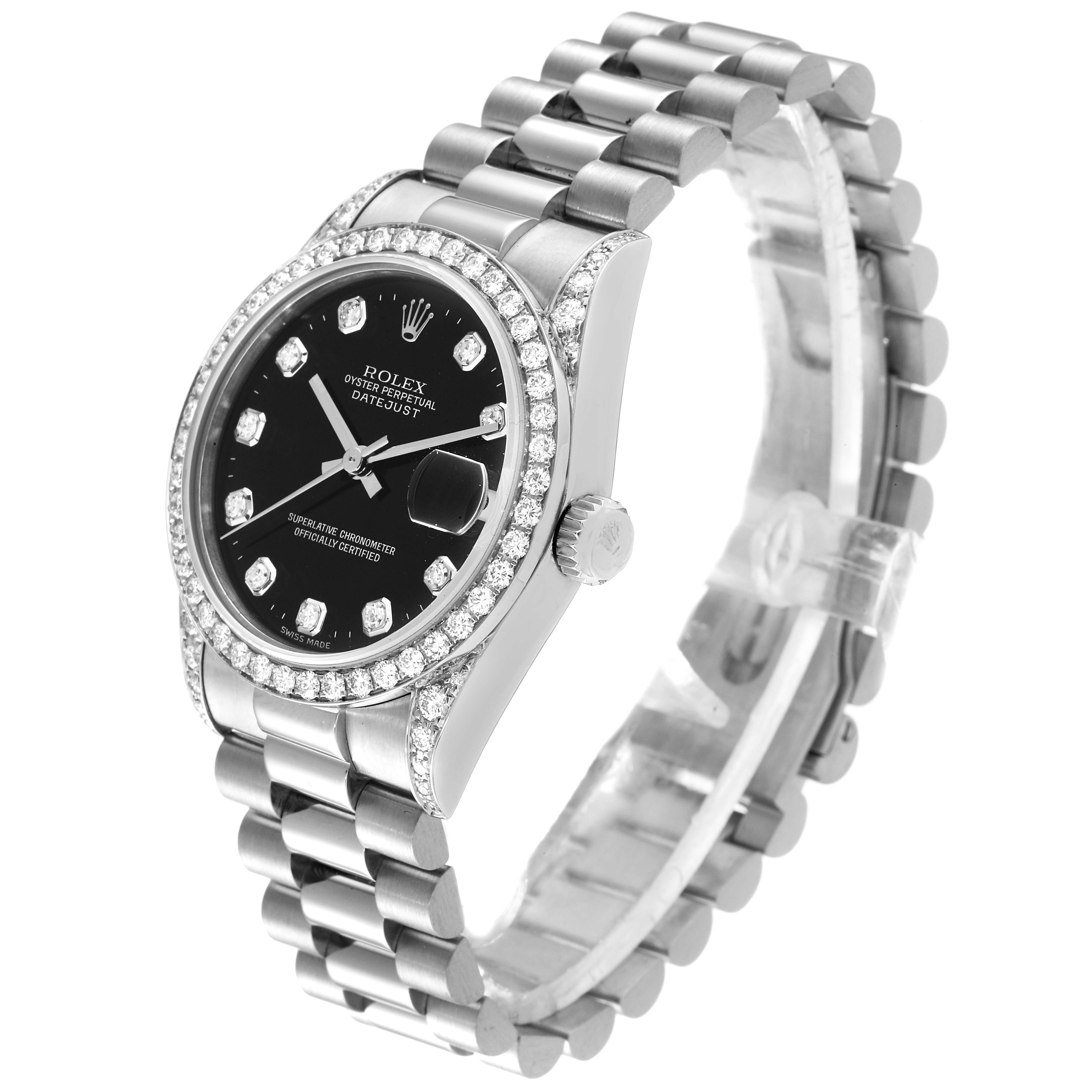 The image shows a Rolex President 68159 Women's White Gold Black Dial 68159 Women's White Gold Black Dial model watch at a diagonal angle, highlighting the face, bezel, and part of the bracelet.