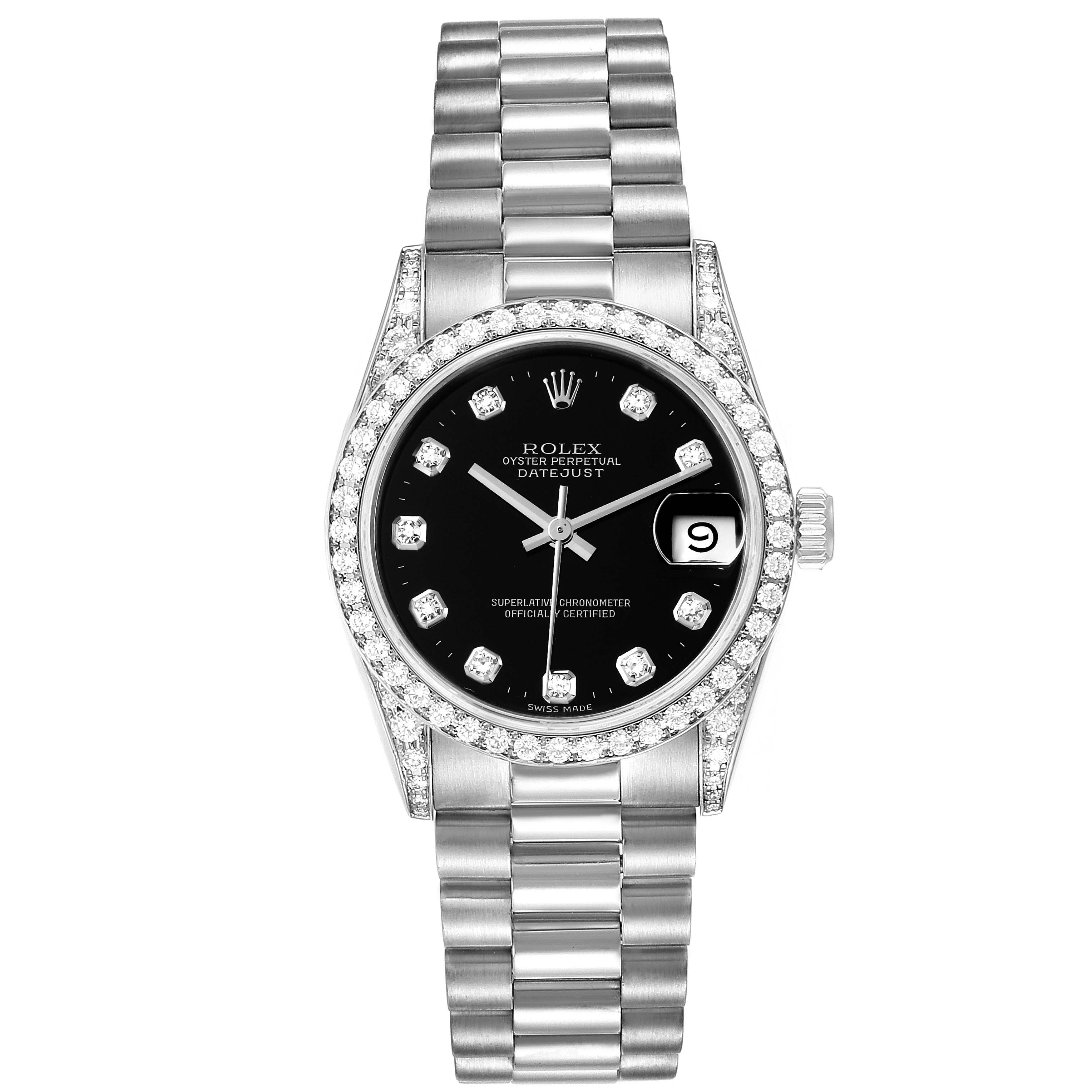 This Rolex President 68159 Women's White Gold Black Dial 68159 Women's White Gold Black Dial model watch is shown from the front, displaying the face, bezel, bracelet, and crown.