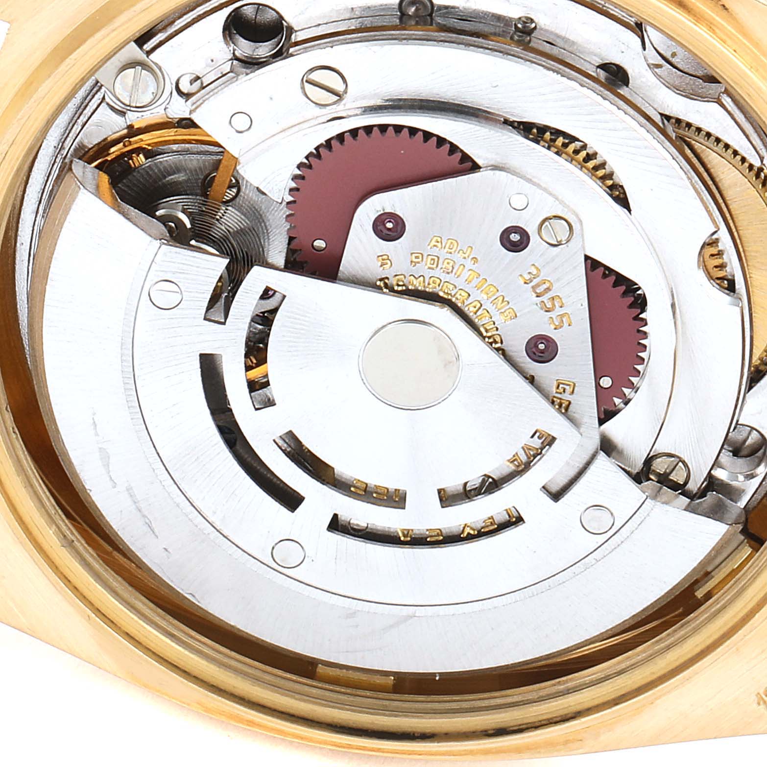 The image shows the internal mechanism of the Rolex President 18038 Men
s Yellow Gold Champagne Dial 18038 Men
s Yellow Gold Champagne Dial model watch from a macro angle.
