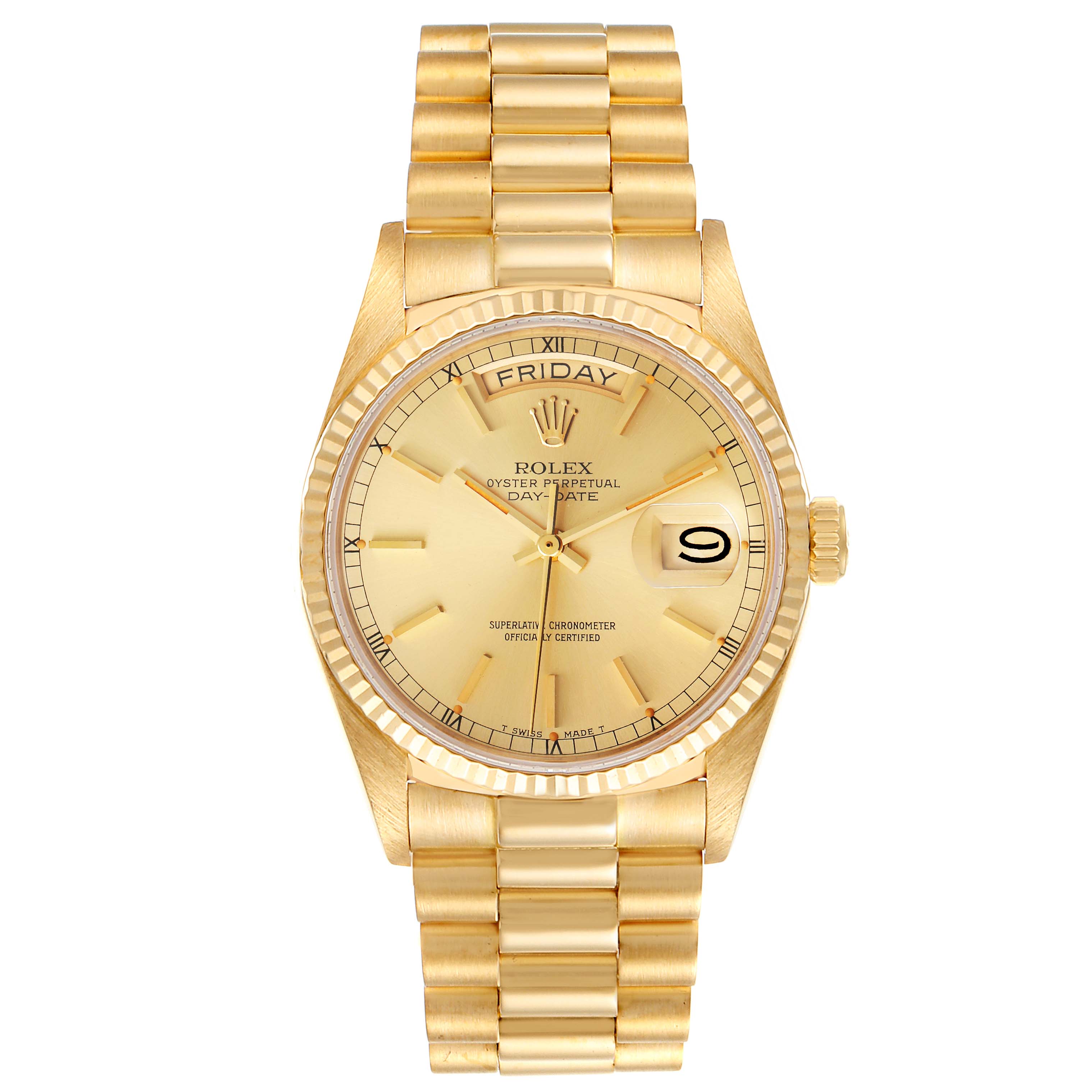 The image shows a Rolex President 18038 Men
s Yellow Gold Champagne Dial 18038 Men
s Yellow Gold Champagne Dial model watch from a top-down angle, displaying its face, bracelet, and crown.