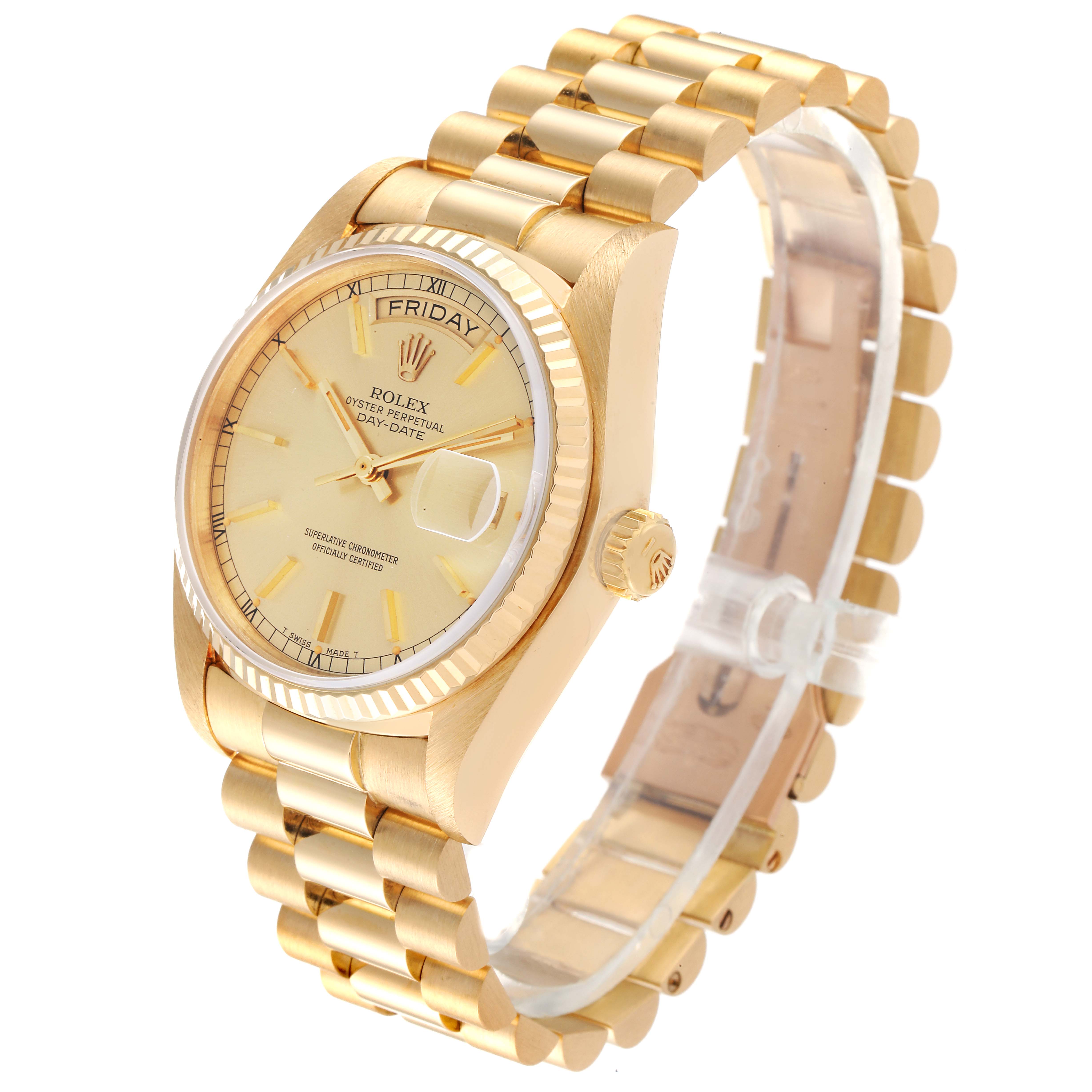 The image shows a Rolex President 18038 Men
s Yellow Gold Champagne Dial 18038 Men
s Yellow Gold Champagne Dial model watch from an angled side view, displaying its dial, bezel, and bracelet.