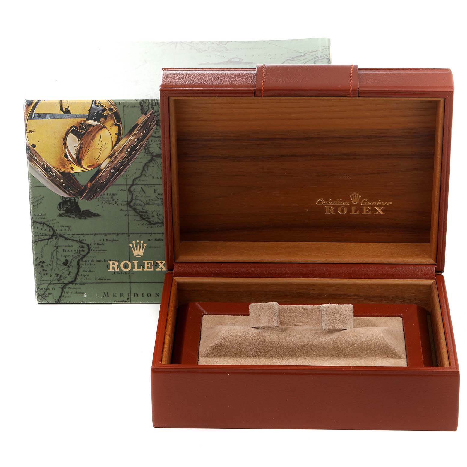The image shows an open Rolex President 18038 Men
s Yellow Gold Champagne Dial 18038 Men
s Yellow Gold Champagne Dial watch box with its interior and a branded outer box in the background.