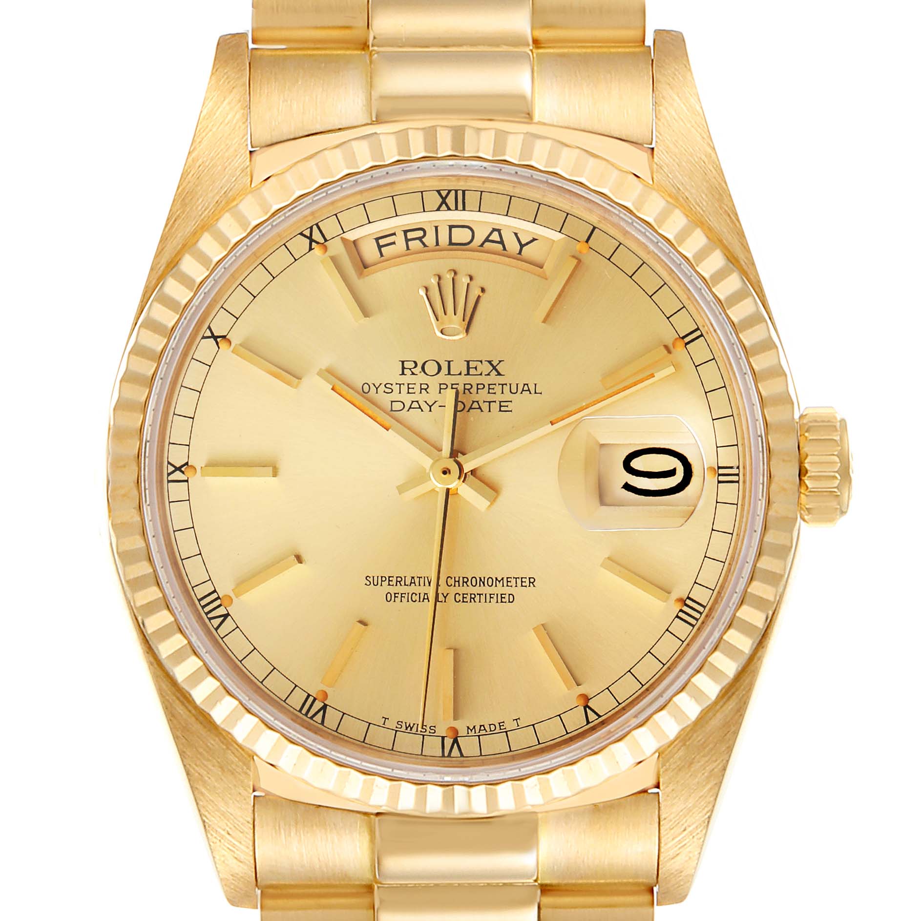 This image shows a front view of the Rolex President 18038 Men
s Yellow Gold Champagne Dial 18038 Men
s Yellow Gold Champagne Dial Oyster Perpetual Day-Date watch, focusing on the dial, case, and bracelet.