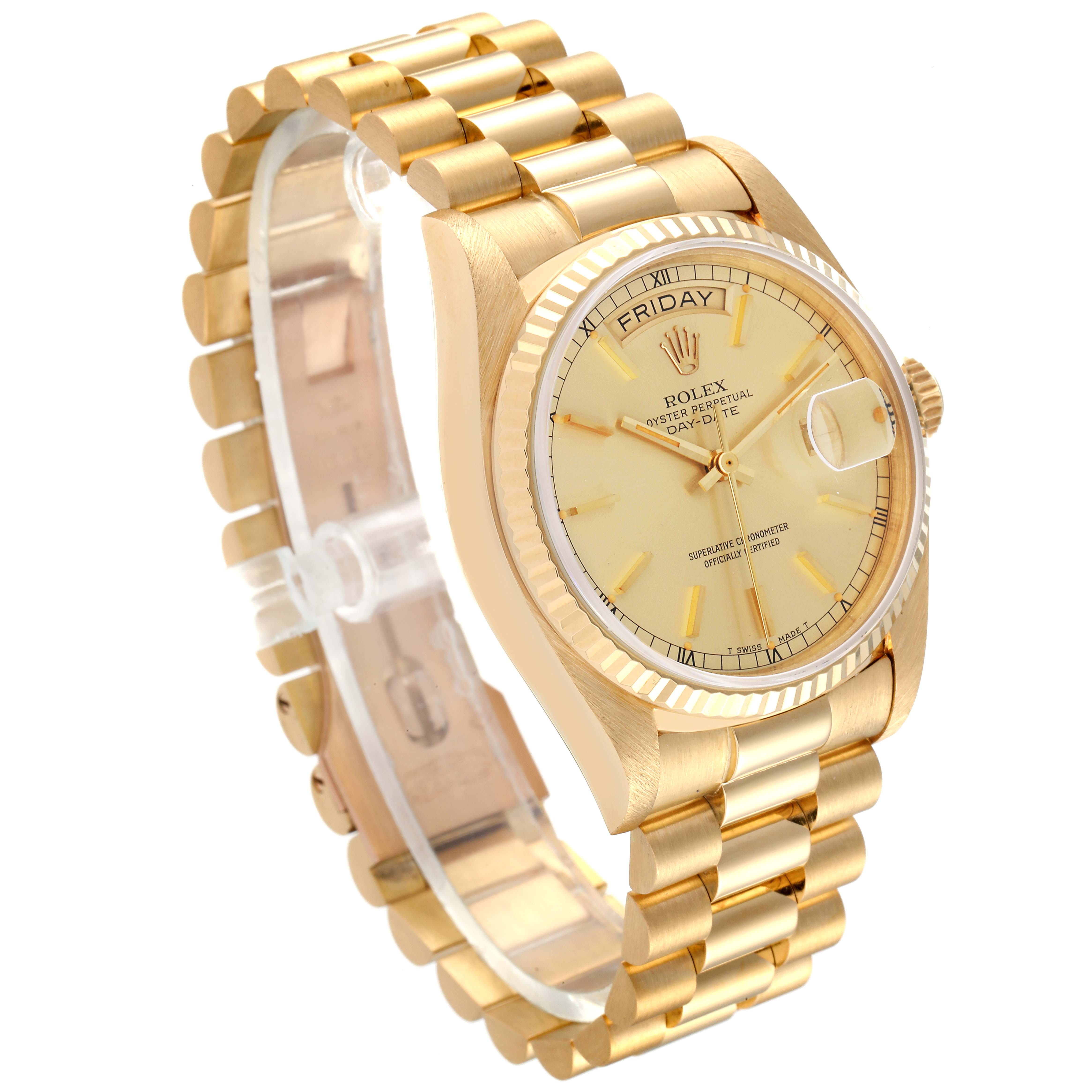 The image shows a Rolex President 18038 Men
s Yellow Gold Champagne Dial 18038 Men
s Yellow Gold Champagne Dial model watch from a three-quarter angle, highlighting the face, fluted bezel, and gold bracelet.