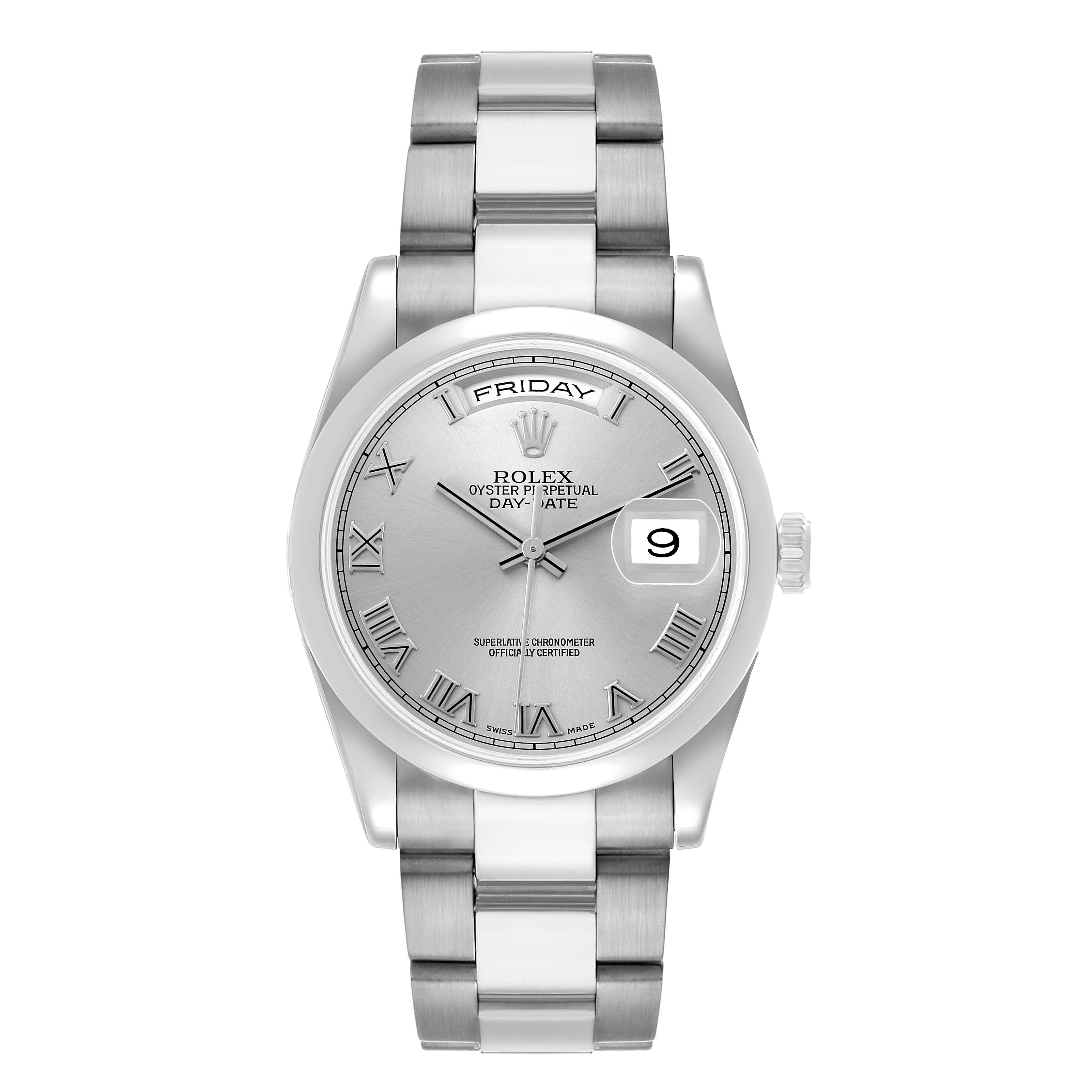 The Rolex President 118209 Men's White Gold Silver Dial model watch is shown from a top view, displaying the dial, bezel, and bracelet.
