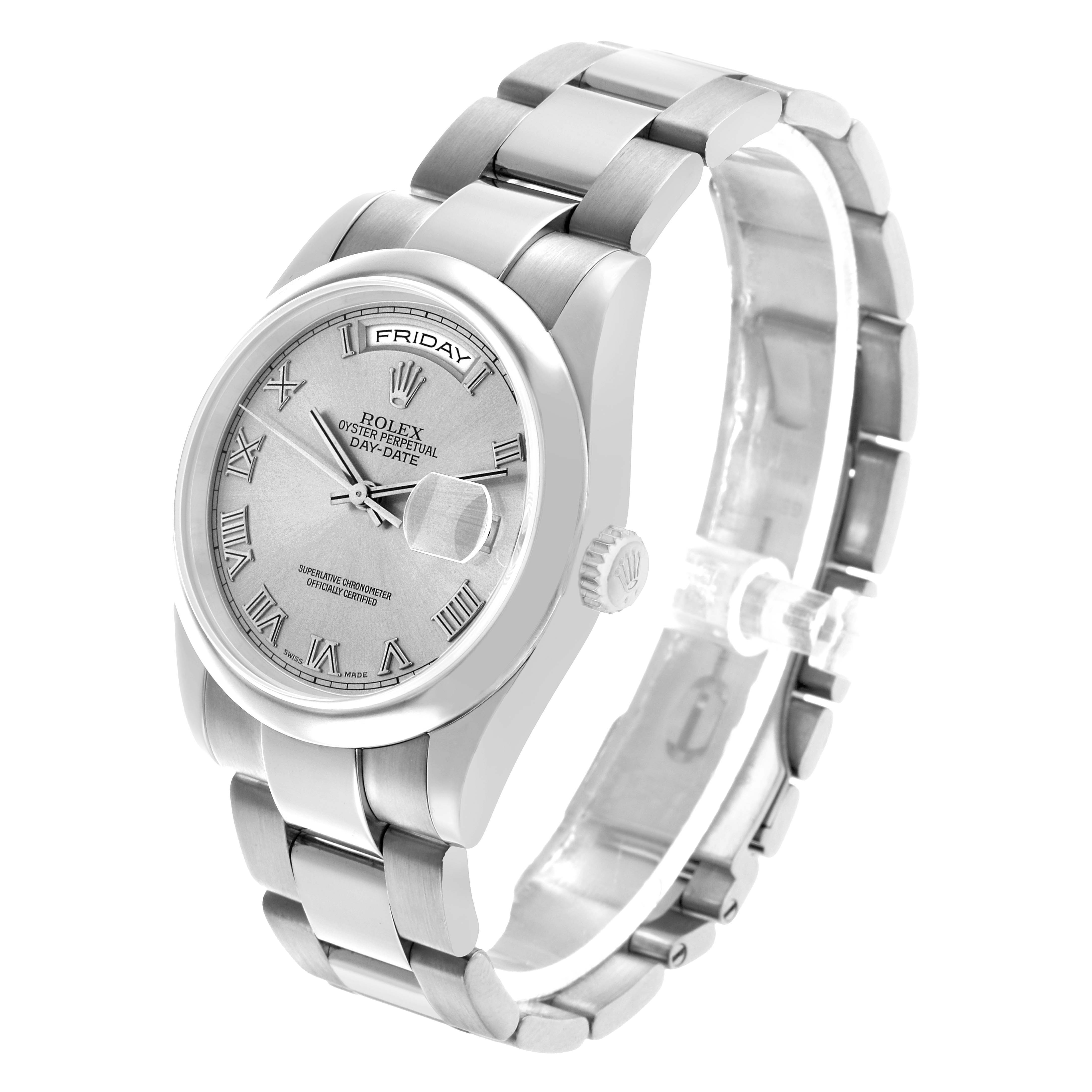 The Rolex President 118209 Men's White Gold Silver Dial model watch is shown at a three-quarter angle highlighting the face, bezel, crown, and bracelet.