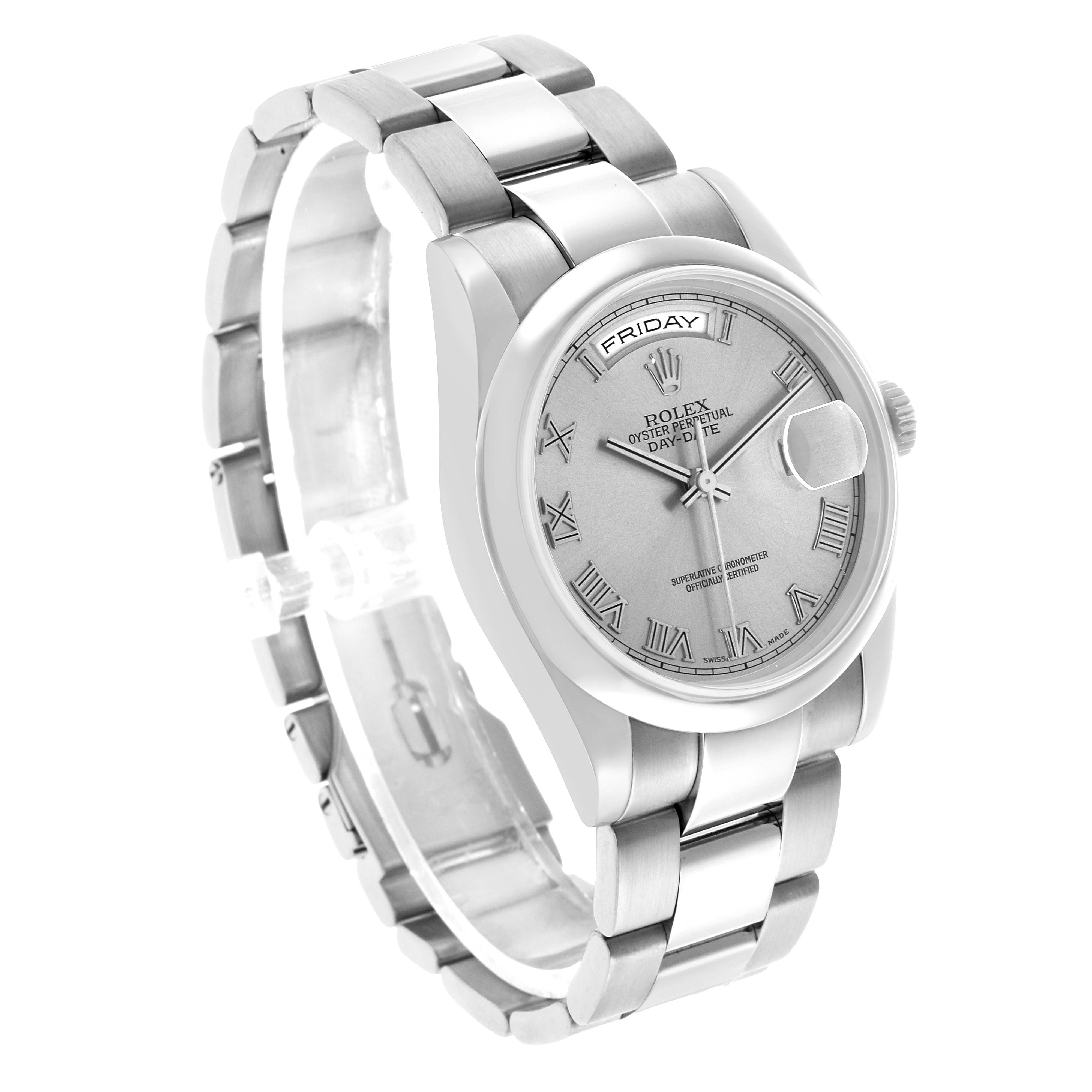 The Rolex President 118209 Men's White Gold Silver Dial model watch is shown at a three-quarter angle, highlighting the silver dial, Roman numerals, and bracelet.