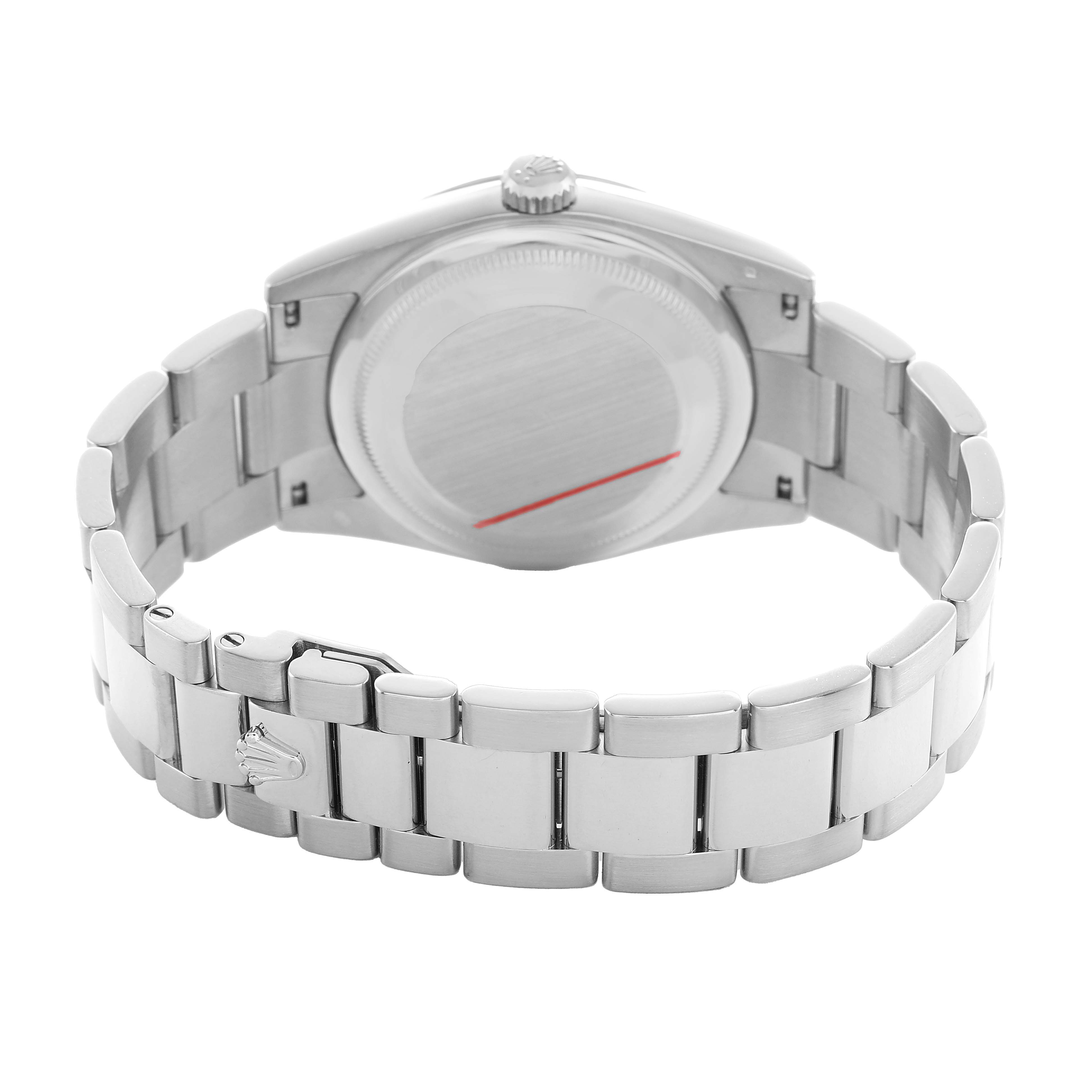 The image shows the back of the Rolex President 118209 Men's White Gold Silver Dial model watch, highlighting the bracelet and case back.