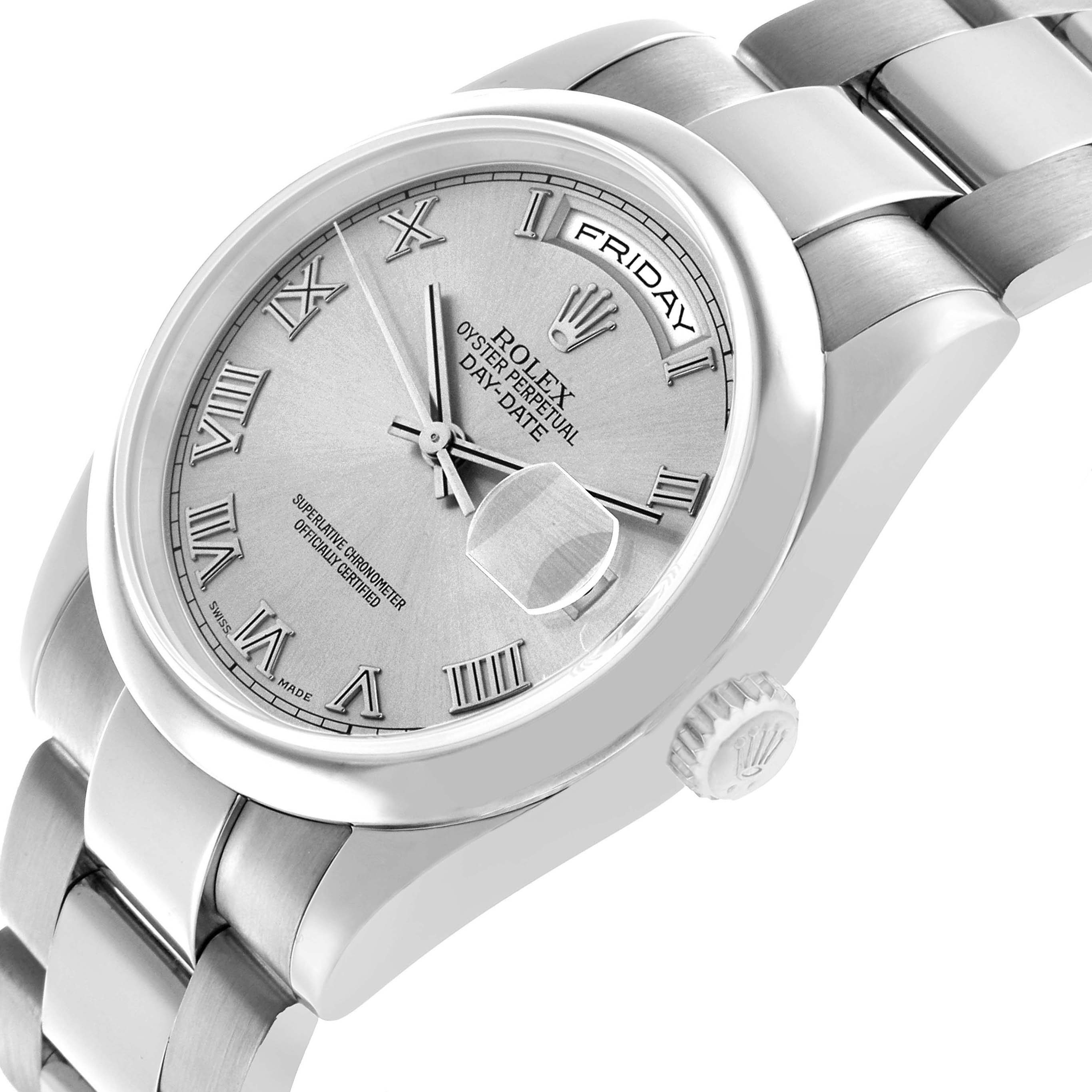 The Rolex President 118209 Men's White Gold Silver Dial model watch is shown at an angled side view, highlighting the dial, crown, bracelet, and day-date window.