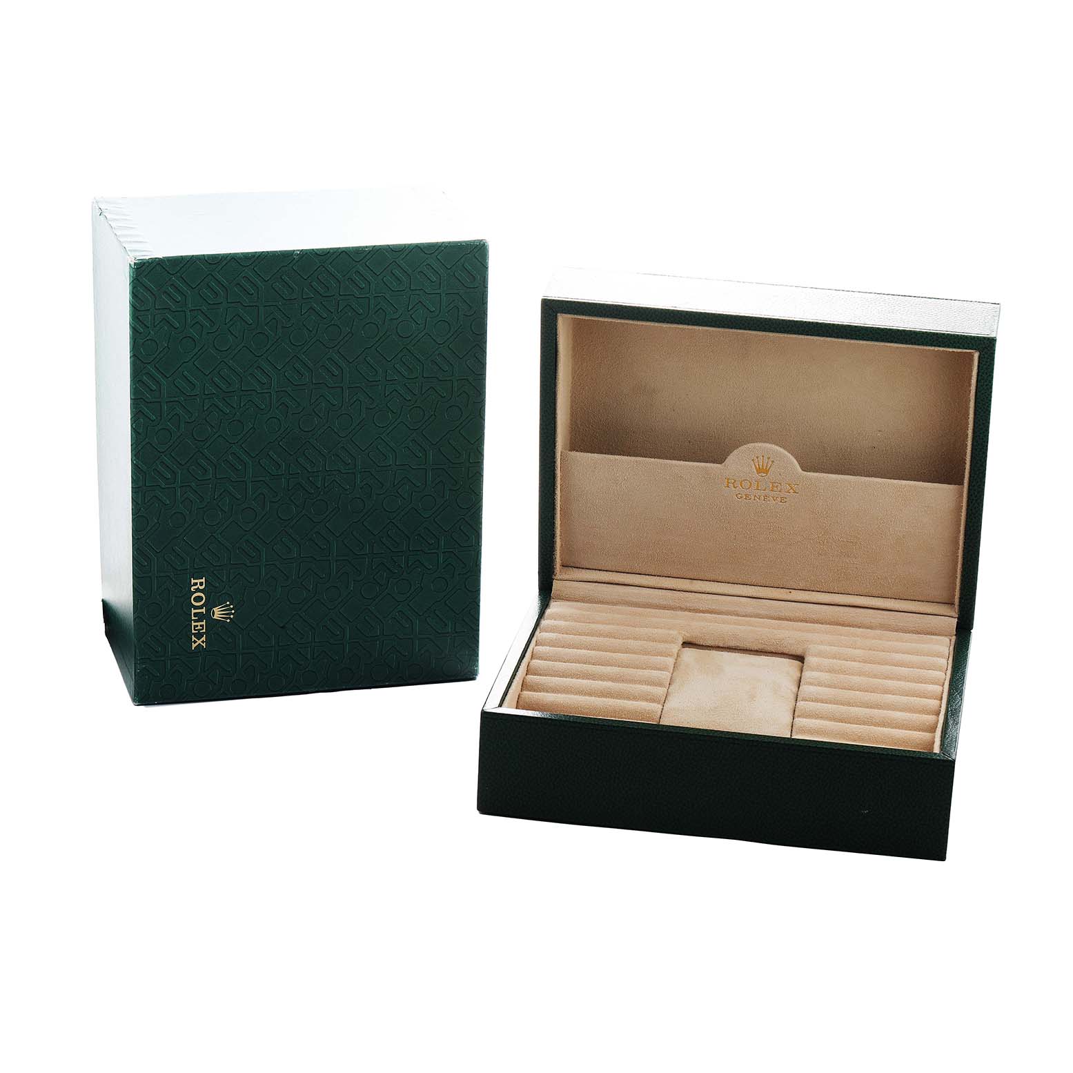 The image shows a Rolex President 118209 Men's White Gold Silver Dial model watch box, with a green exterior and beige interior, viewed from the front and side.