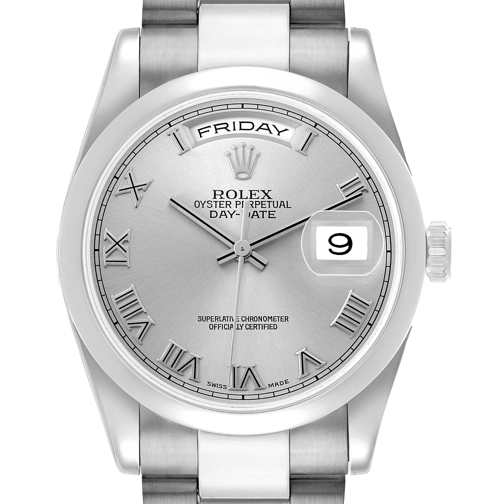 The Rolex President 118209 Men's White Gold Silver Dial watch is shown from a straight-on angle, highlighting the dial, date window, day display, and bracelet.