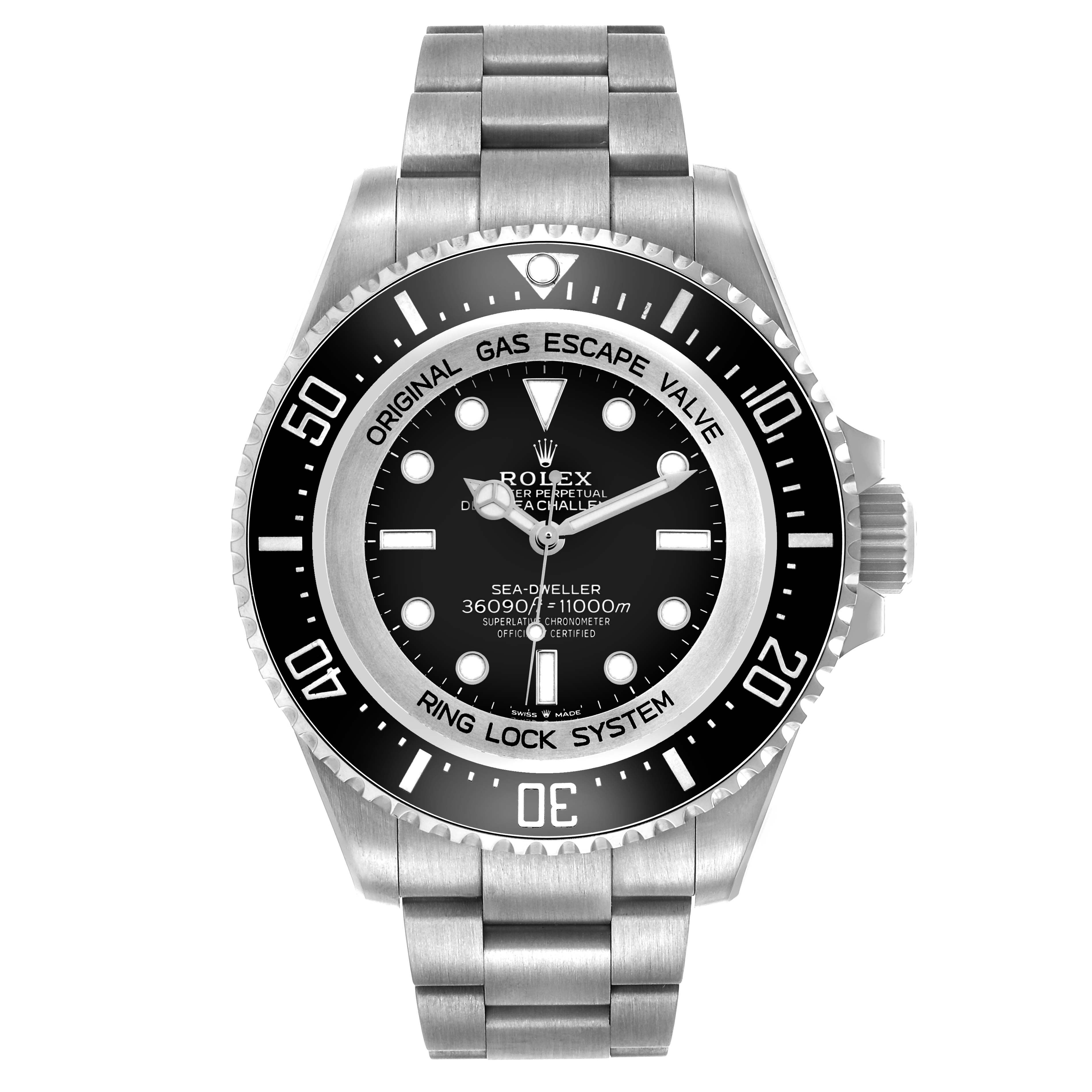 The Rolex Sea-Dweller 126067 Men's Titanium Black Dial watch is shown from a frontal angle, displaying the face, bezel, and bracelet.