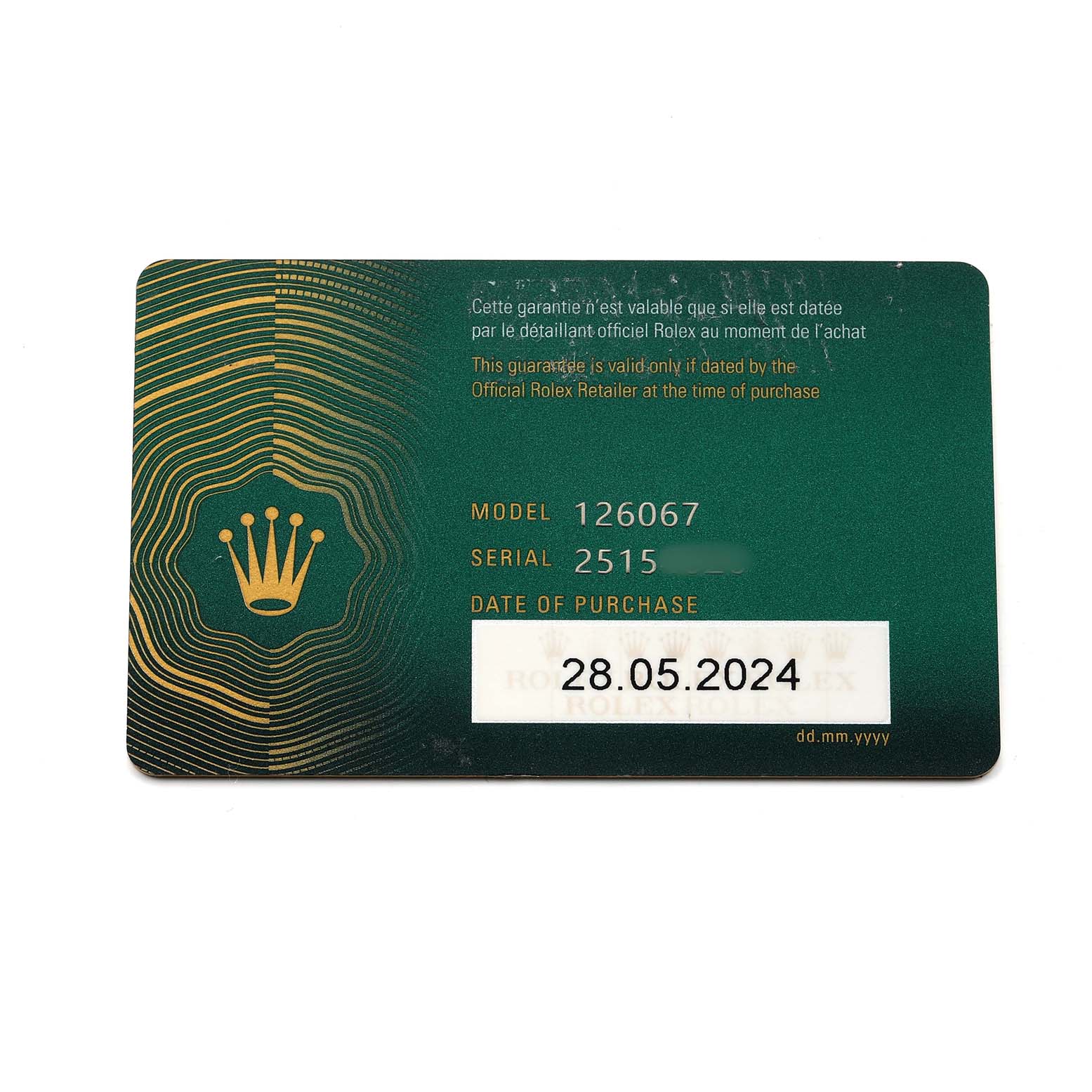 The image shows a warranty card for the Rolex Sea-Dweller 126067 Men's Titanium Black Dial, including model and serial numbers.