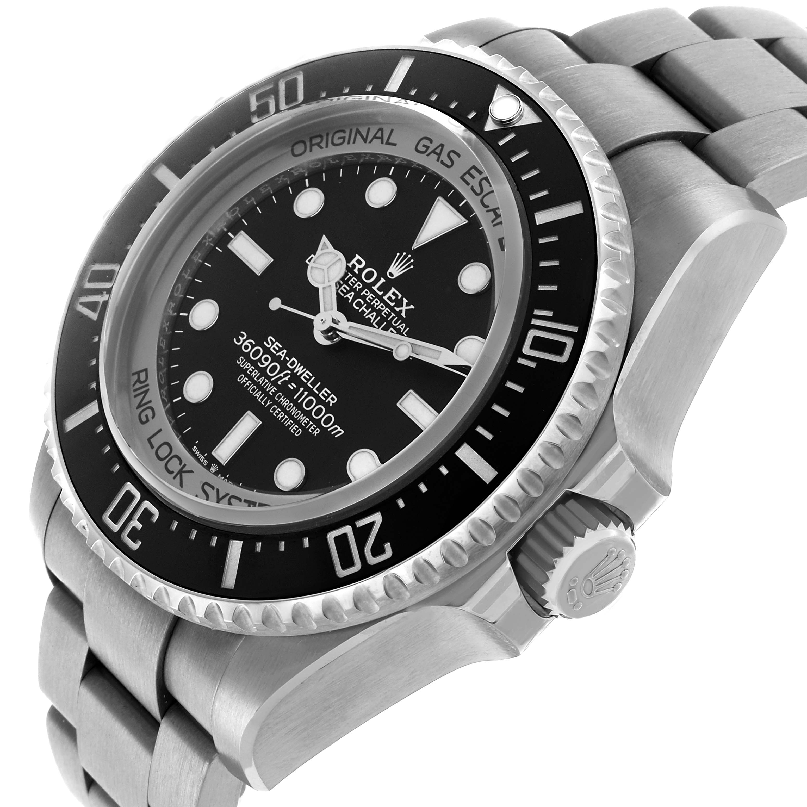 The Rolex Sea-Dweller 126067 Men's Titanium Black Dial watch is shown at an angled side view, highlighting the bezel, crown, dial, and bracelet.