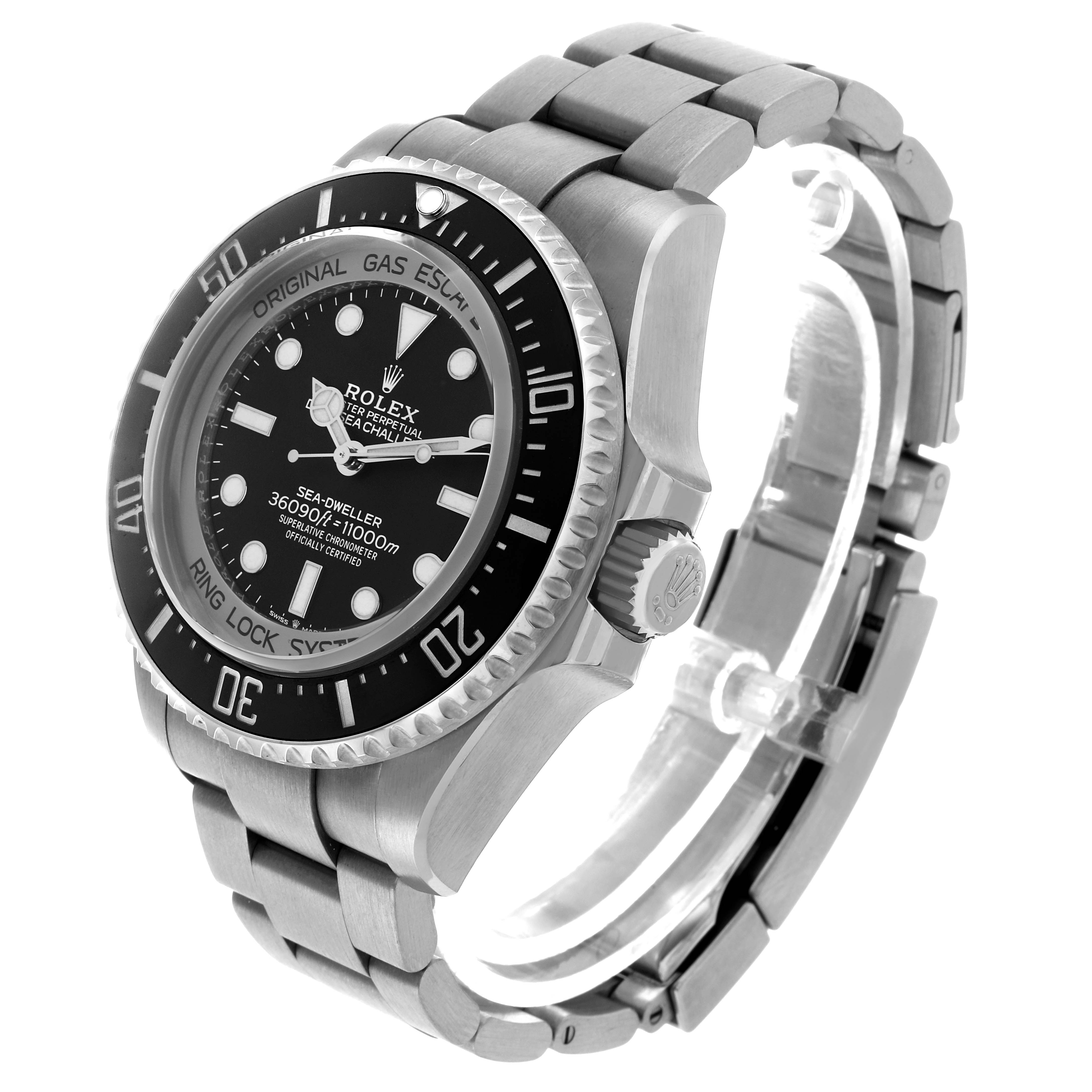 The Rolex Sea-Dweller 126067 Men's Titanium Black Dial watch is shown at a three-quarter angle, highlighting the bezel, crown, and bracelet.