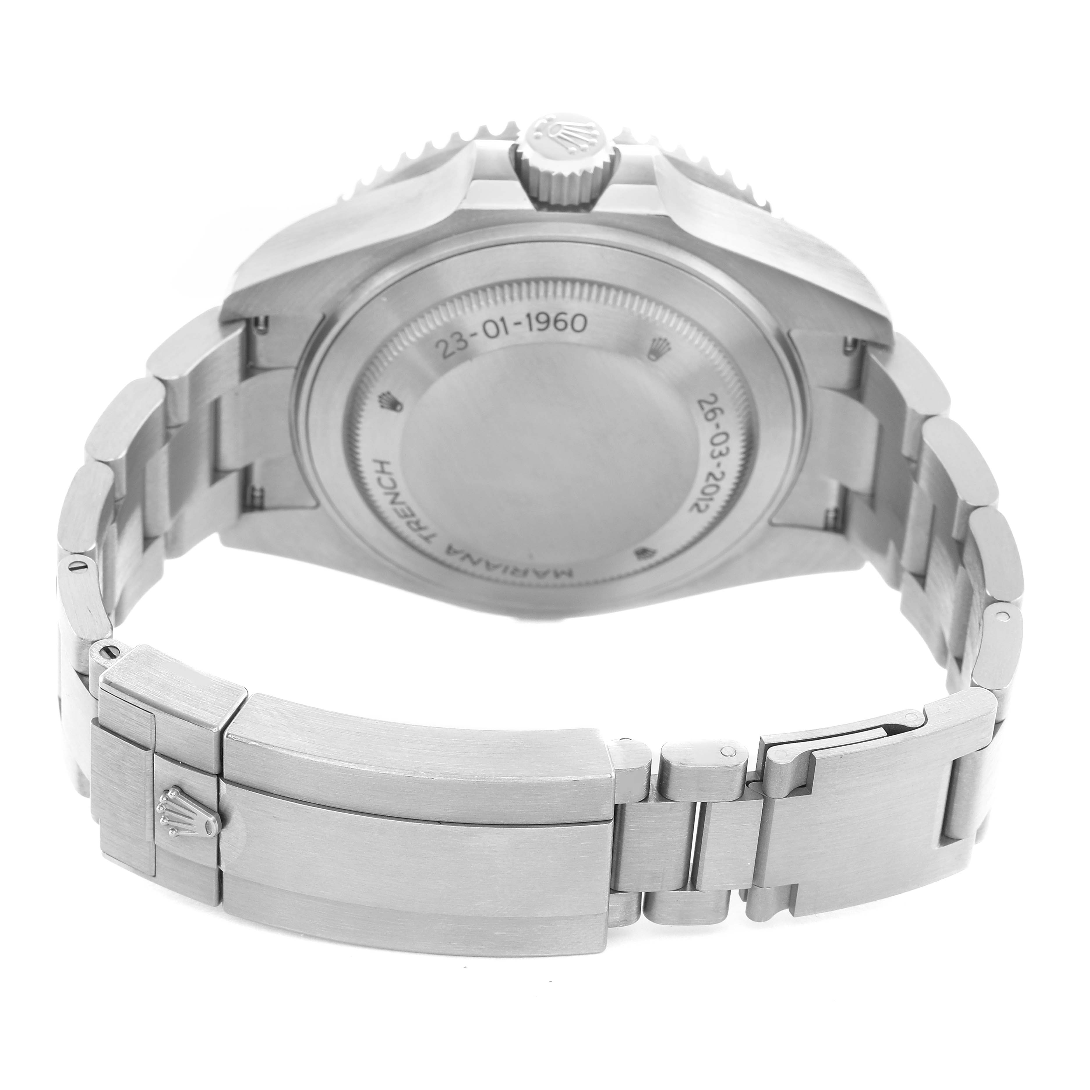 The image shows the back and bracelet of a Rolex Sea-Dweller 126067 Men's Titanium Black Dial watch, highlighting the clasp and case back details.