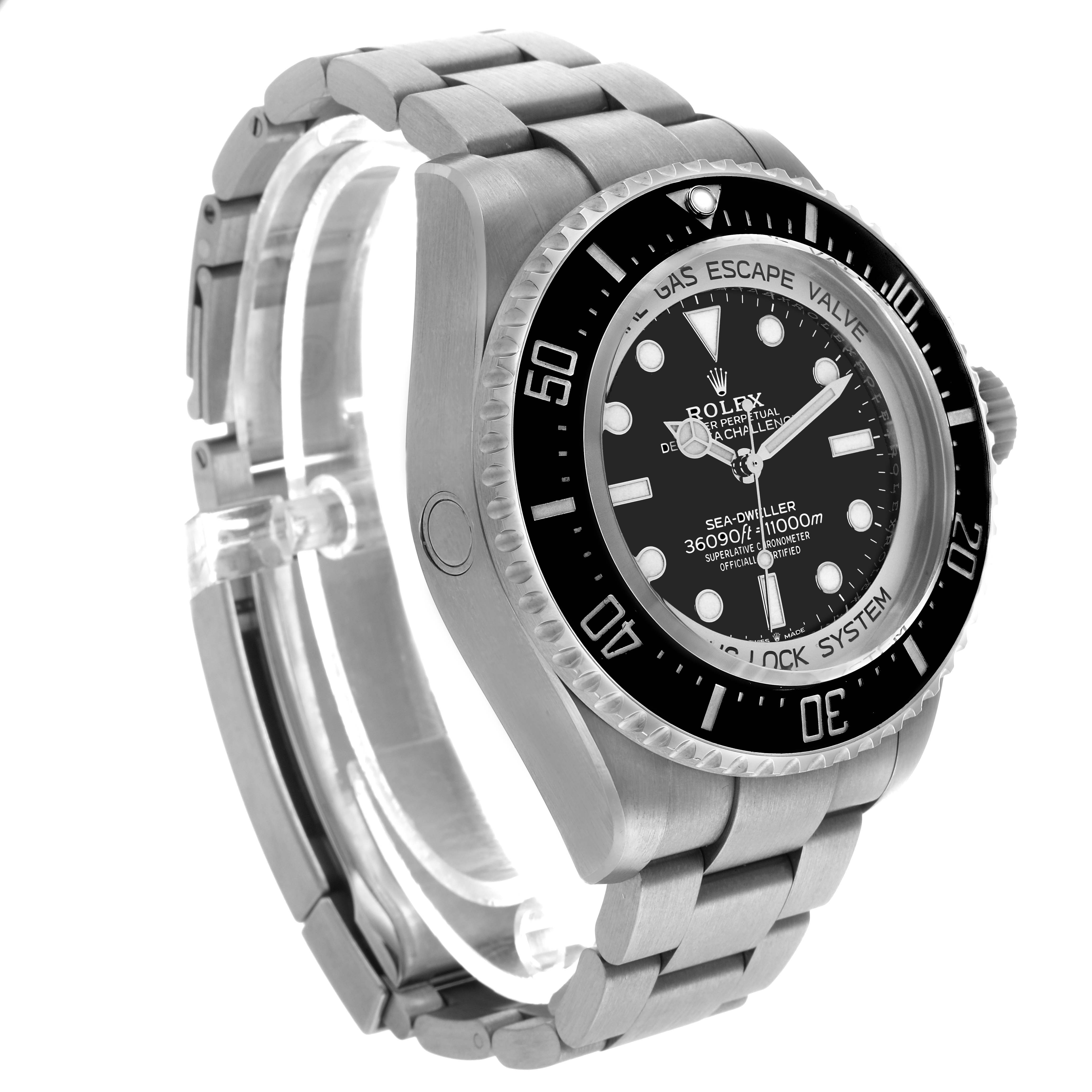 The Rolex Sea-Dweller 126067 Men's Titanium Black Dial watch is shown at an angled side view, displaying the face, bezel, crown, and part of the bracelet.