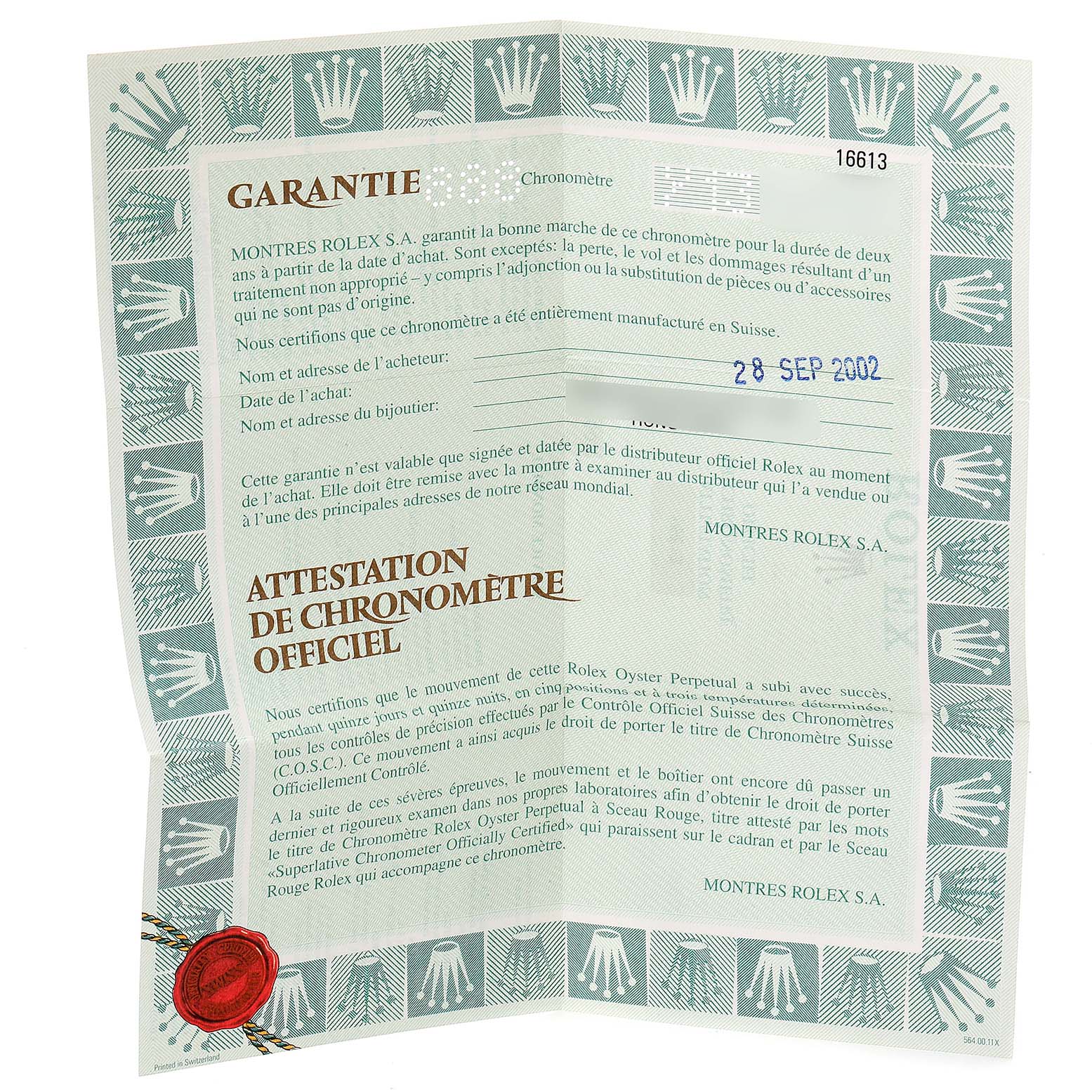 The image shows the warranty certificate for a Rolex Submariner 16613 Men's Steel and Gold (two tone) Blue Dial 16613 Men's Steel and Gold (two tone) Blue Dial watch, including chronometer certification and purchase details.