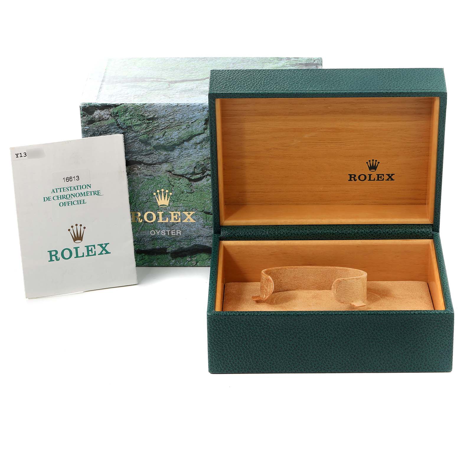 The image shows a Rolex Submariner 16613 Men's Steel and Gold (two tone) Blue Dial 16613 Men's Steel and Gold (two tone) Blue Dial green watch box, an outer box with a rocky texture, and an instruction booklet.