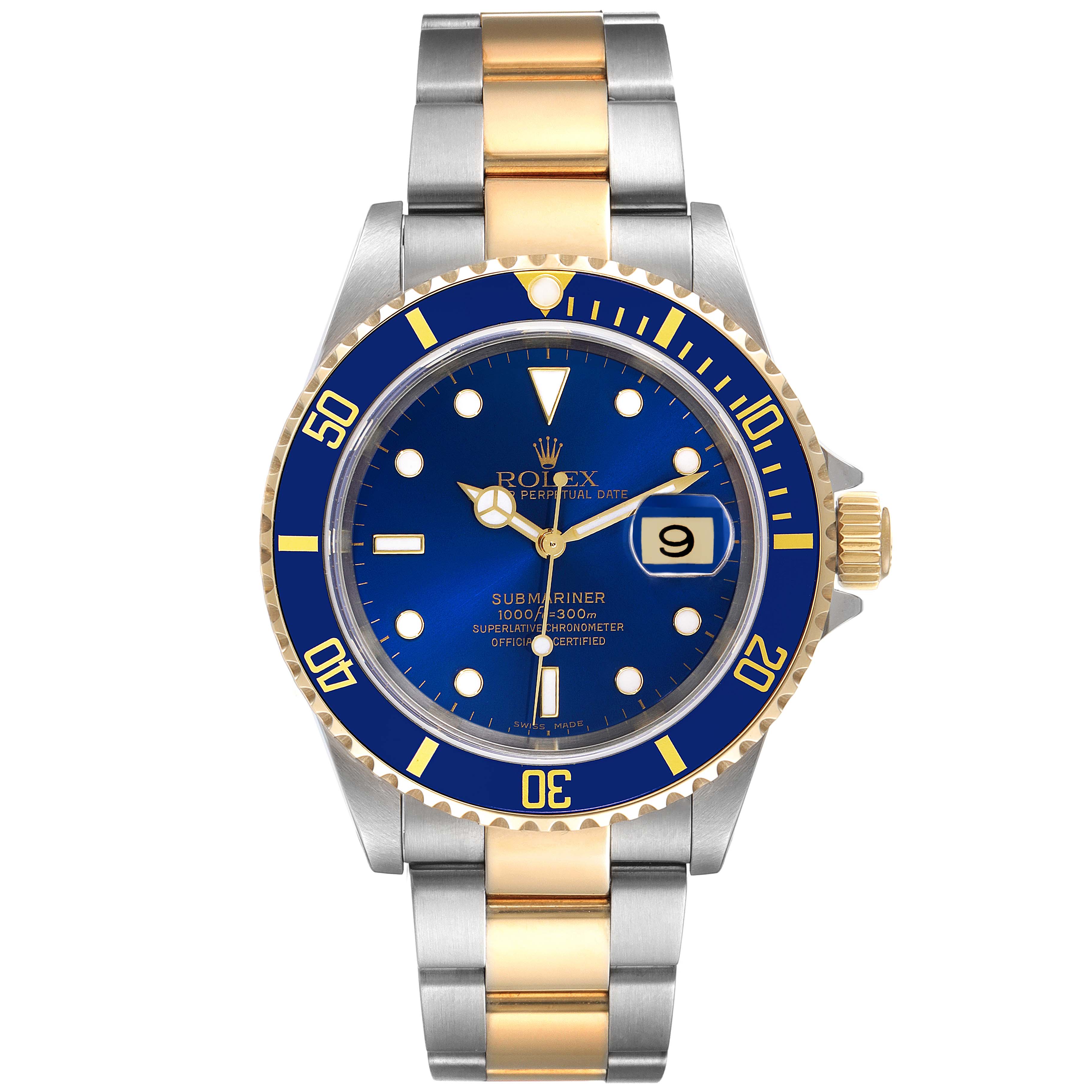 The image shows a front view of a Rolex Submariner 16613 Men's Steel and Gold (two tone) Blue Dial 16613 Men's Steel and Gold (two tone) Blue Dial watch with a blue dial and a two-tone band.